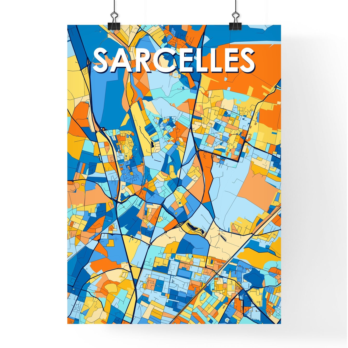 SARCELLES FRANCE Vibrant Colorful Art Map Poster Blue Orange