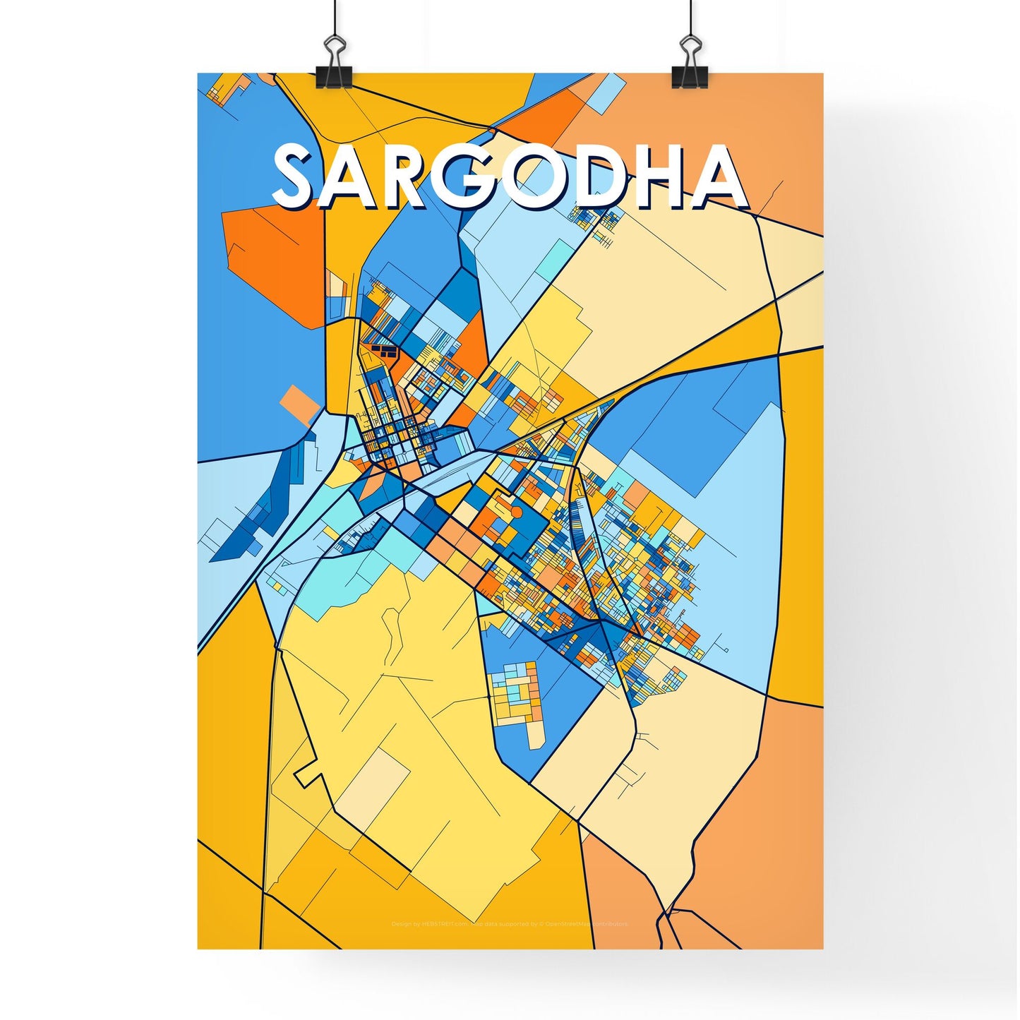 SARGODHA PAKISTAN Vibrant Colorful Art Map Poster Blue Orange