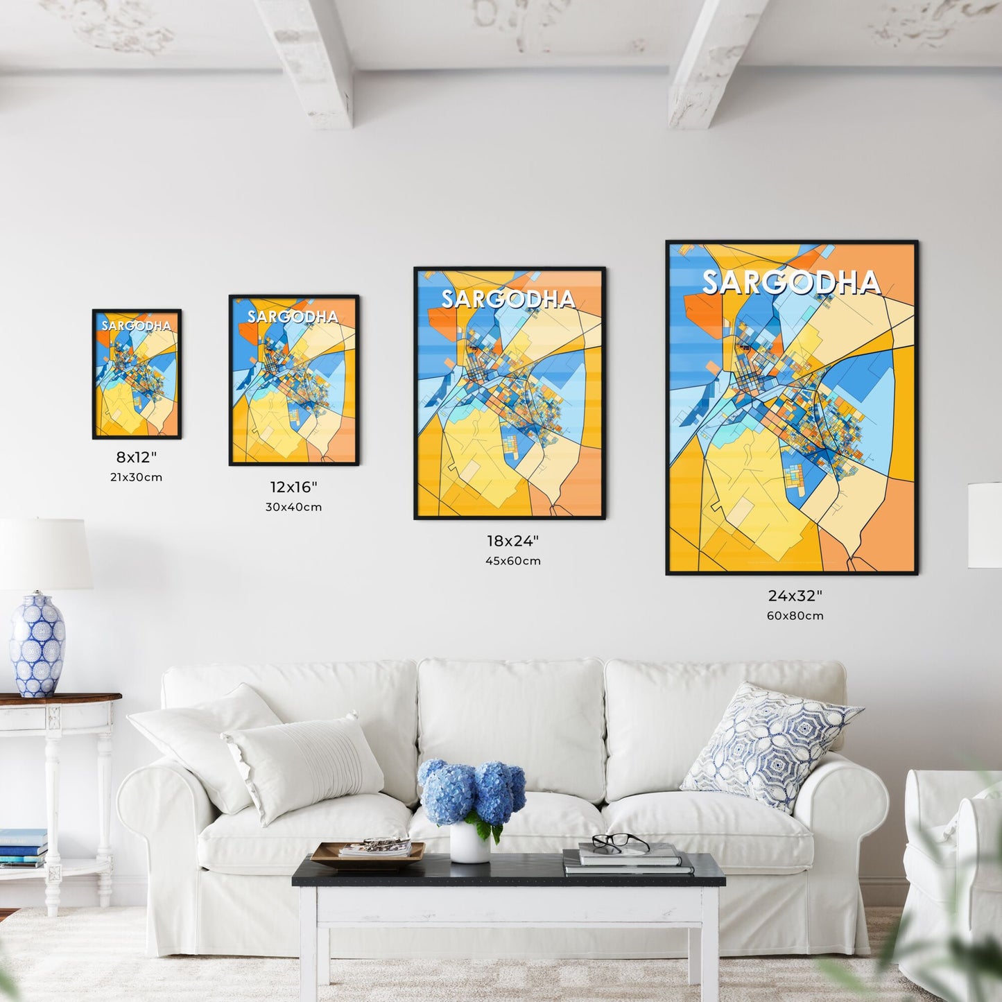 SARGODHA PAKISTAN Vibrant Colorful Art Map Poster Blue Orange