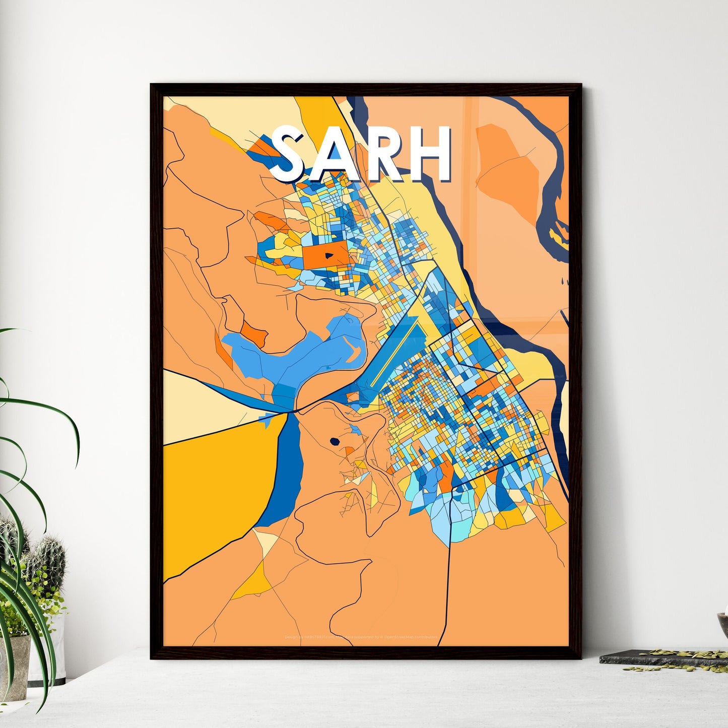 SARH CHAD Vibrant Colorful Art Map Poster Blue Orange