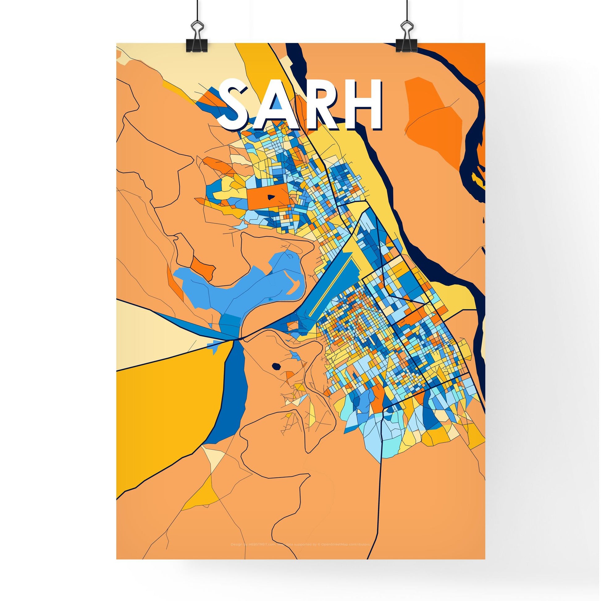 SARH CHAD Vibrant Colorful Art Map Poster Blue Orange