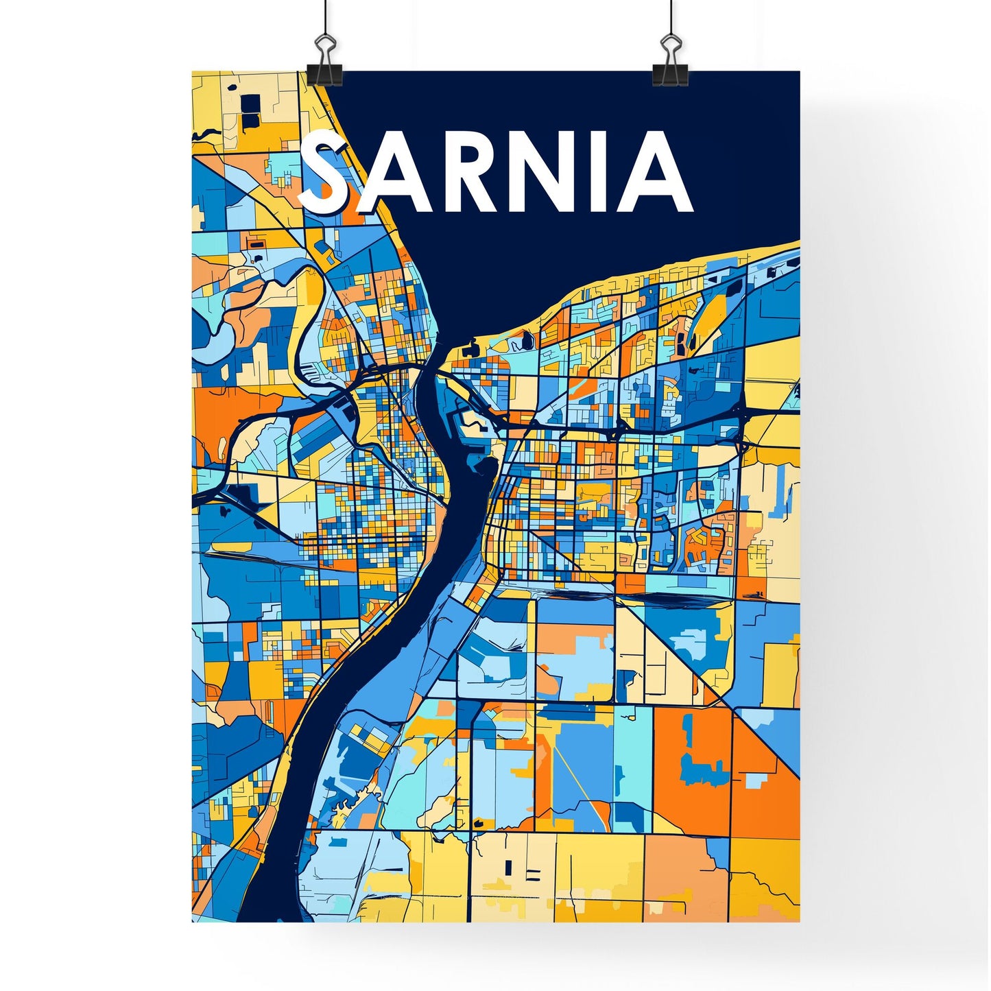 SARNIA CANADA Vibrant Colorful Art Map Poster Blue Orange