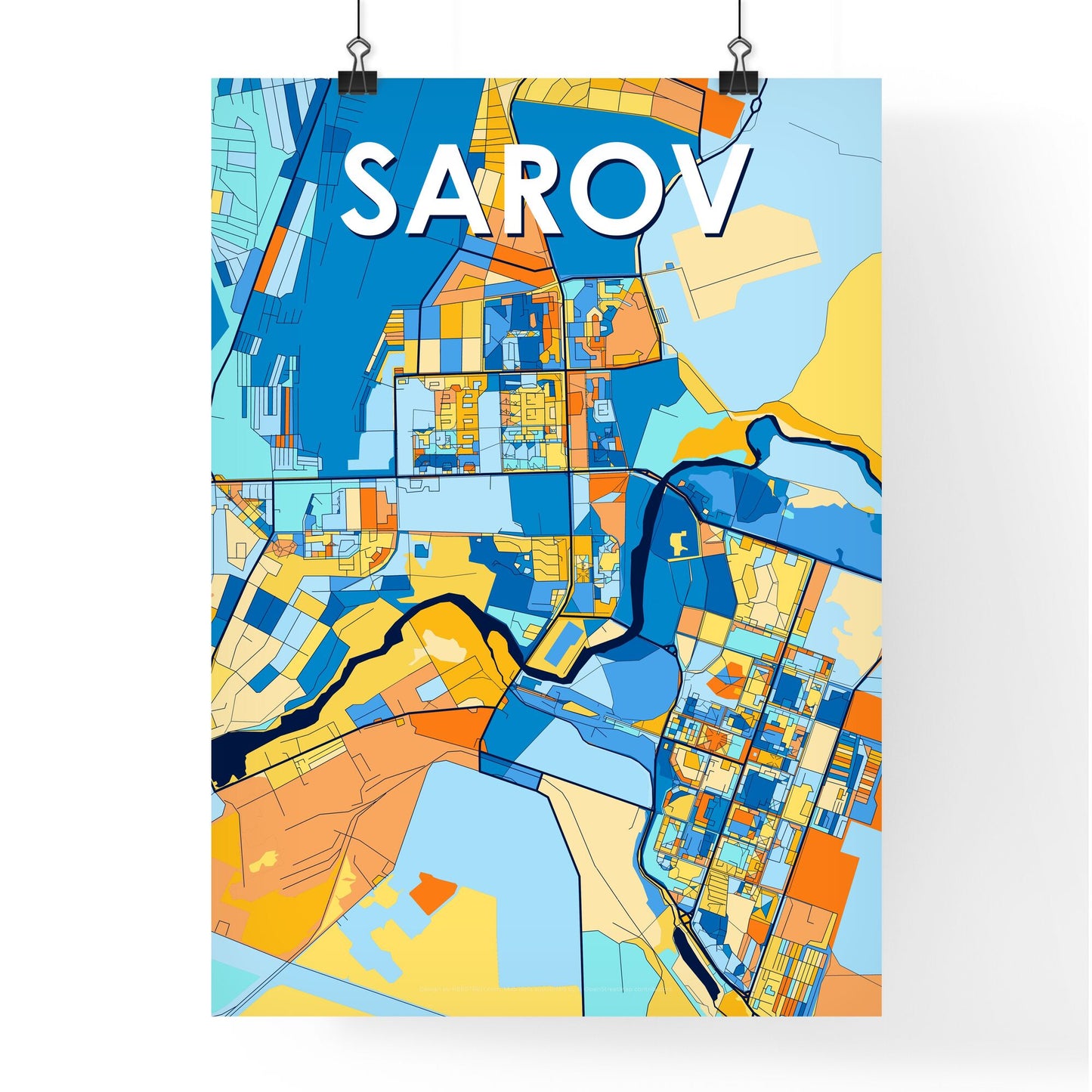 SAROV RUSSIA Vibrant Colorful Art Map Poster Blue Orange