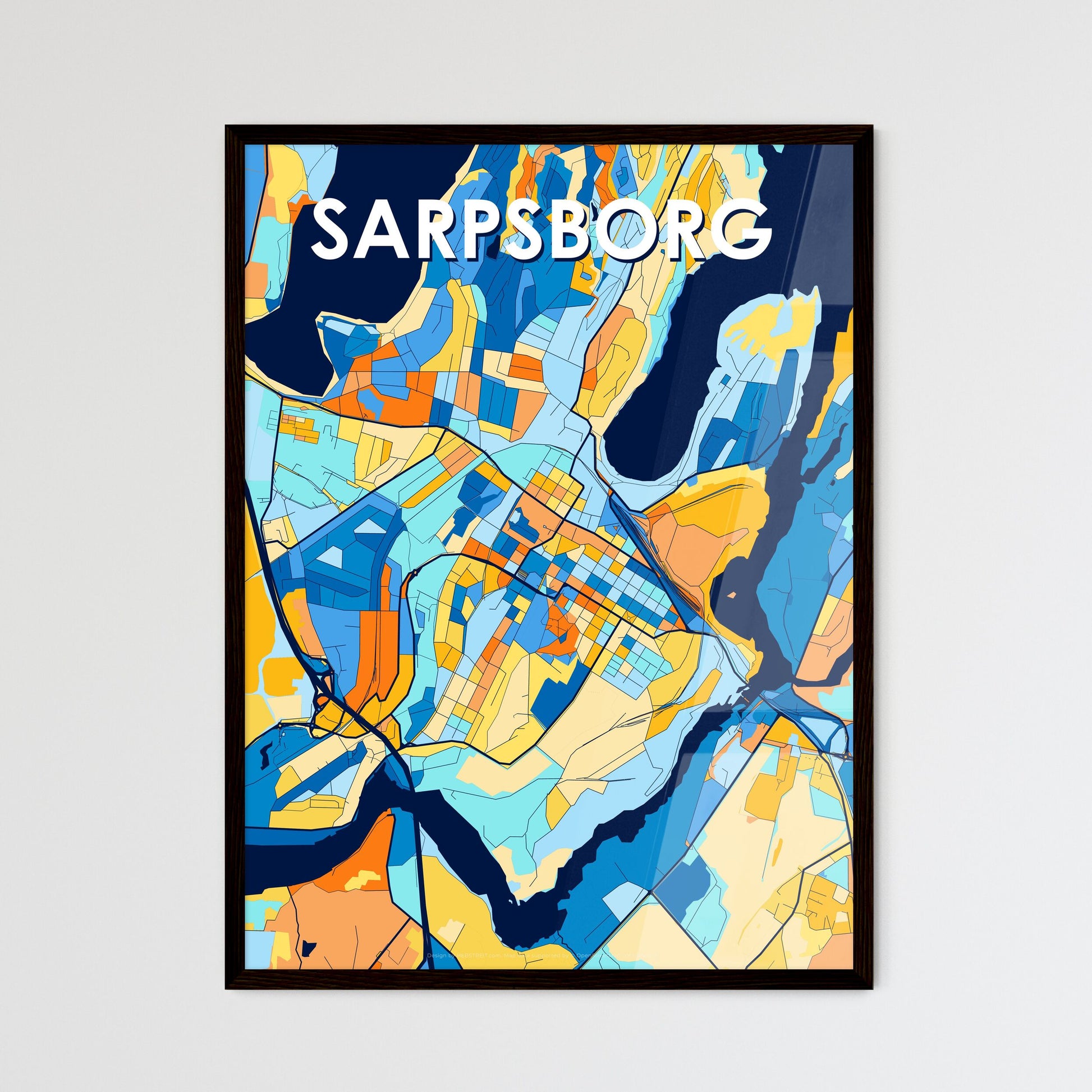 SARPSBORG NORWAY Vibrant Colorful Art Map Poster Blue Orange