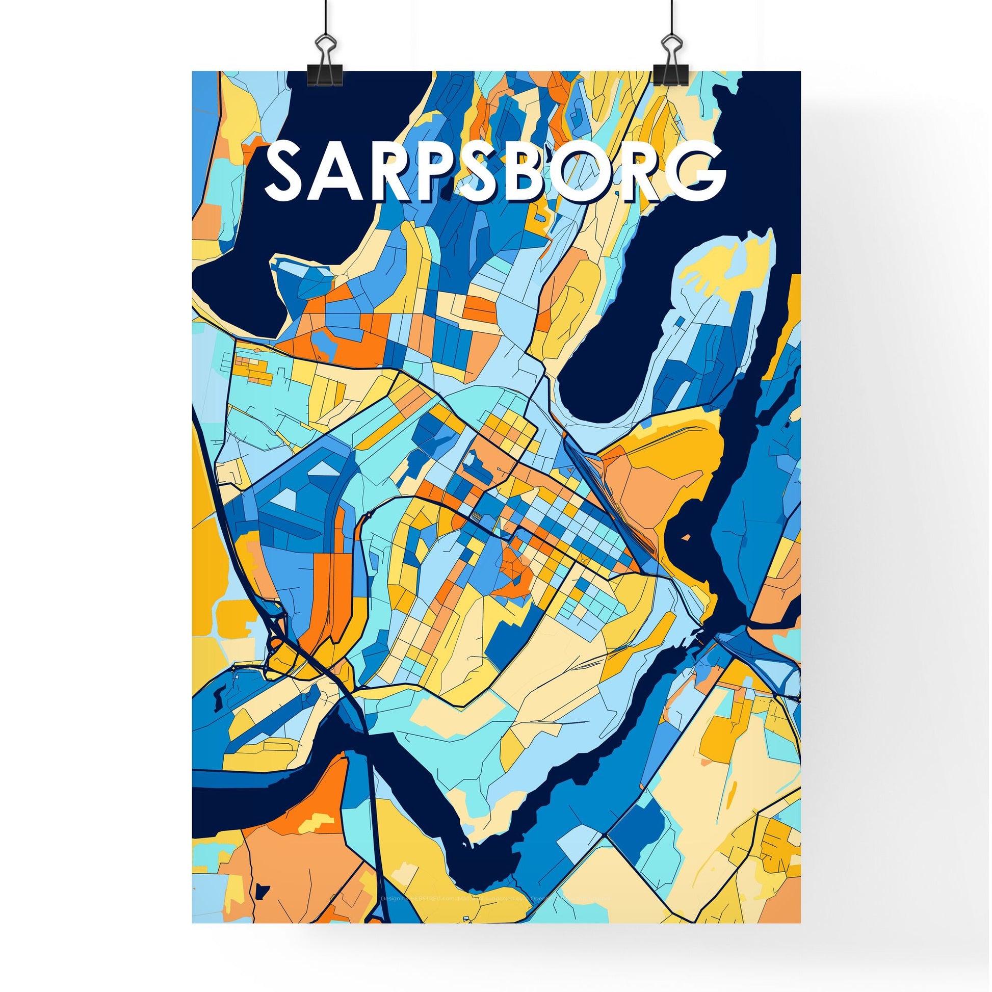 SARPSBORG NORWAY Vibrant Colorful Art Map Poster Blue Orange