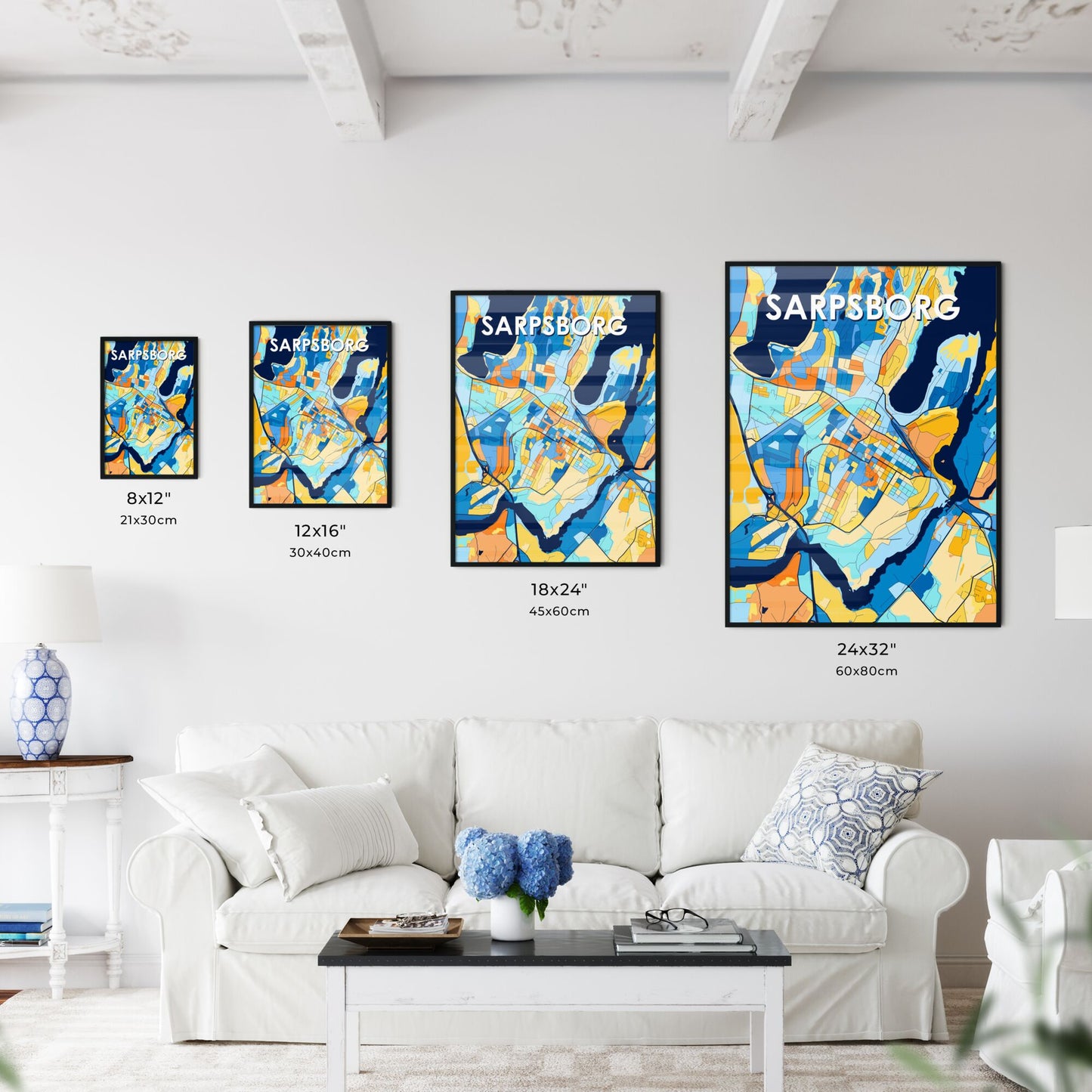 SARPSBORG NORWAY Vibrant Colorful Art Map Poster Blue Orange