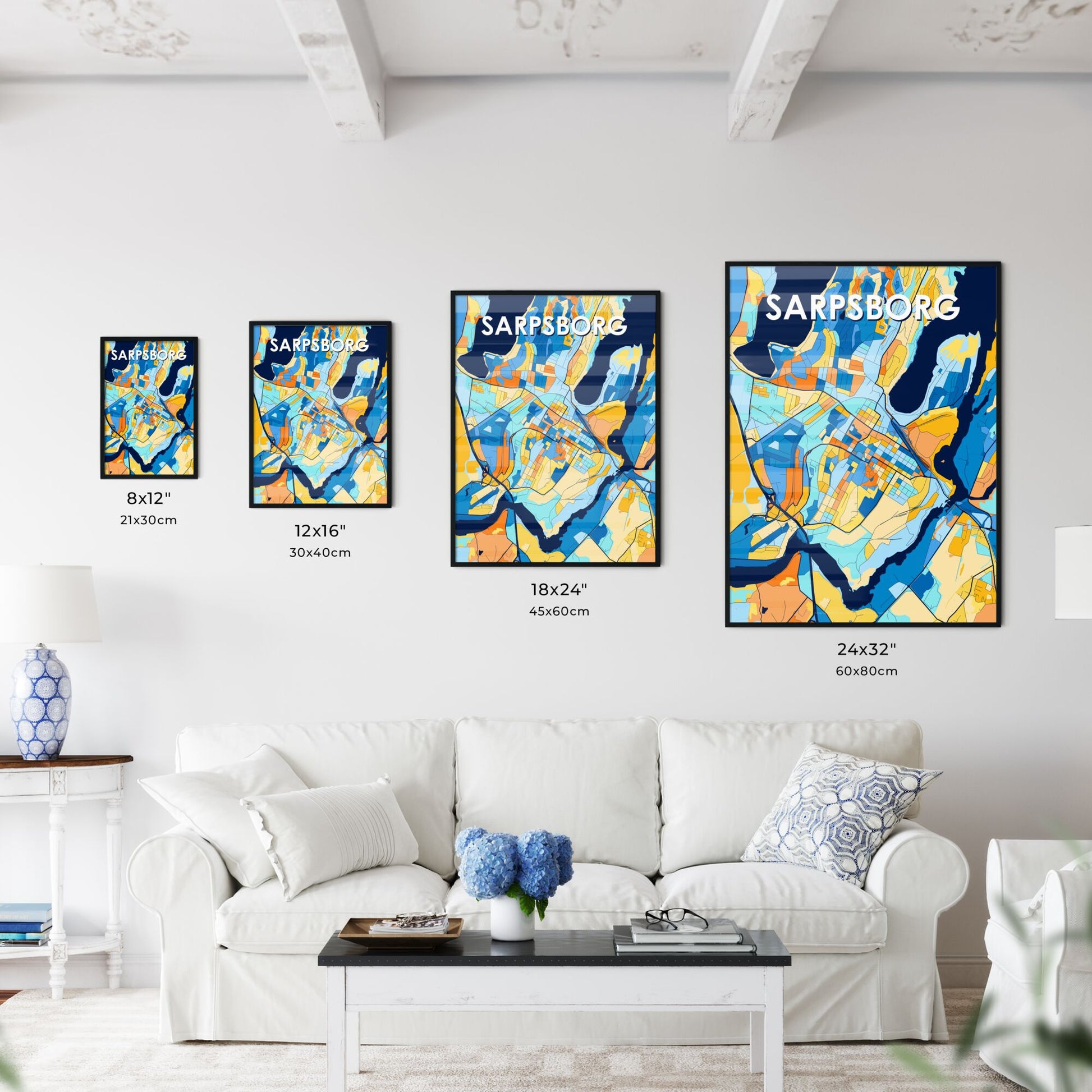 SARPSBORG NORWAY Vibrant Colorful Art Map Poster Blue Orange
