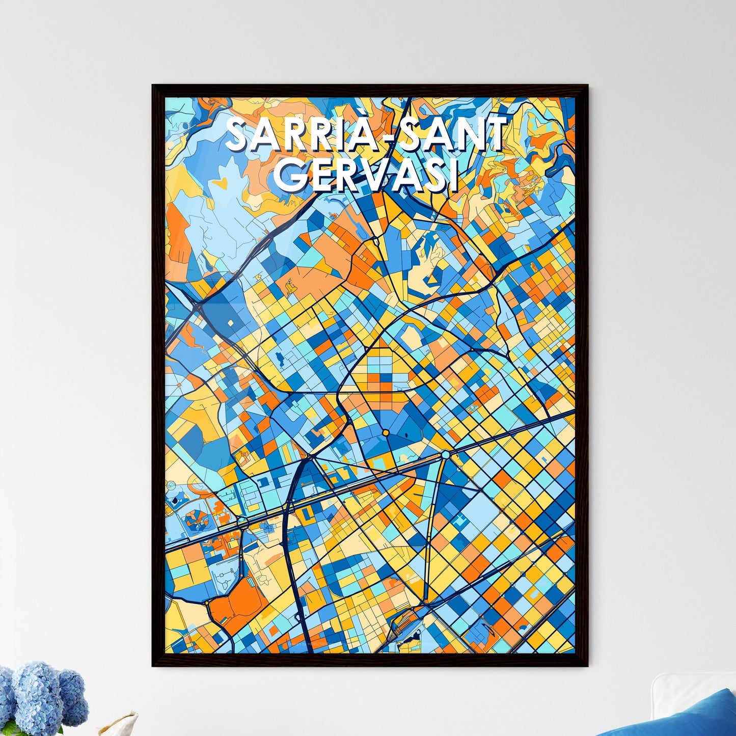 SARRIÀ-SANT GERVASI SPAIN Vibrant Colorful Art Map Poster Blue Orange