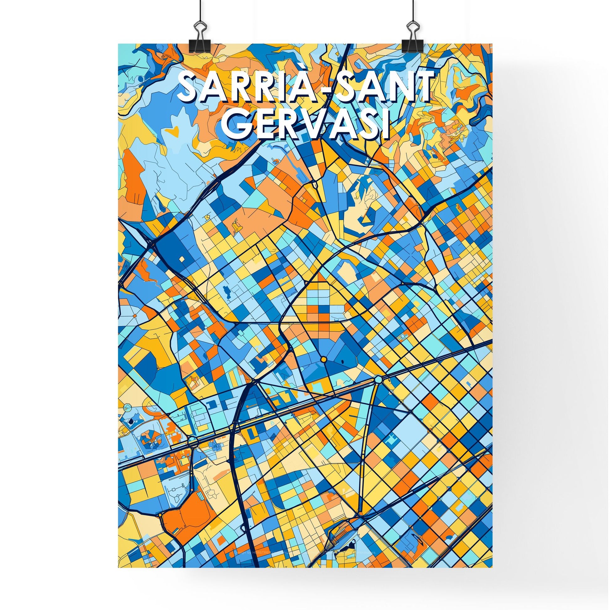 SARRIÀ-SANT GERVASI SPAIN Vibrant Colorful Art Map Poster Blue Orange