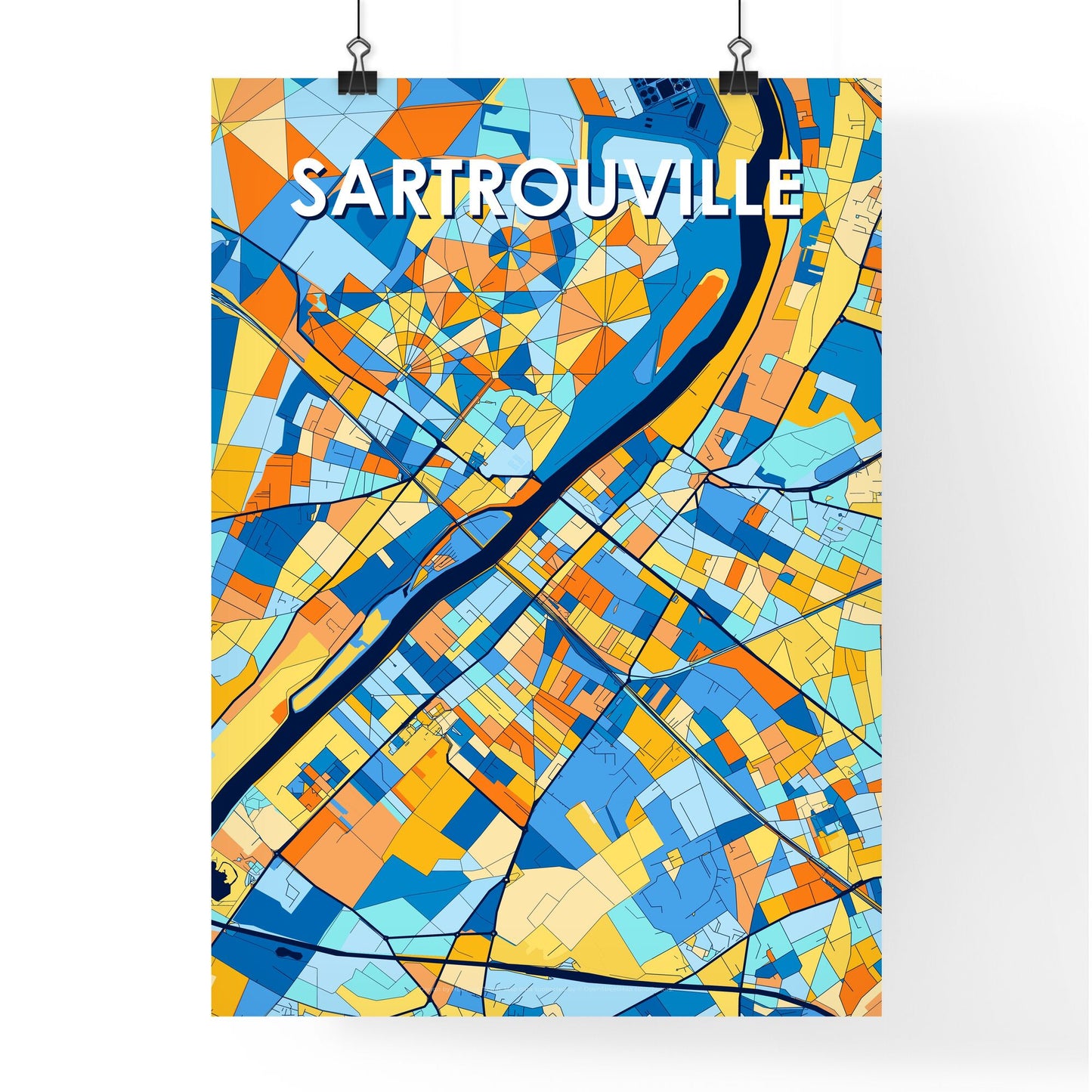 SARTROUVILLE FRANCE Vibrant Colorful Art Map Poster Blue Orange