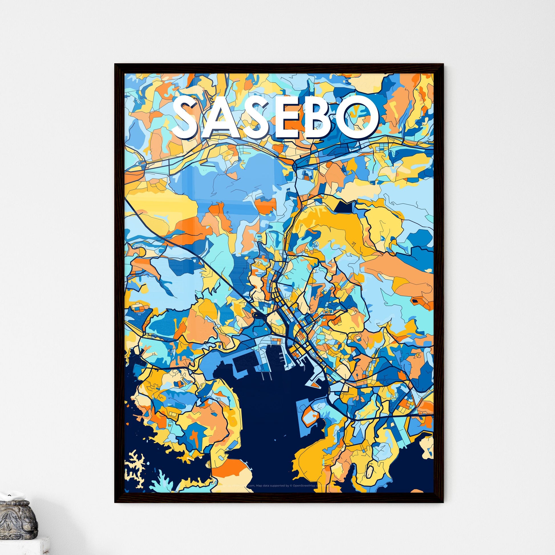 SASEBO JAPAN Vibrant Colorful Art Map Poster Blue Orange