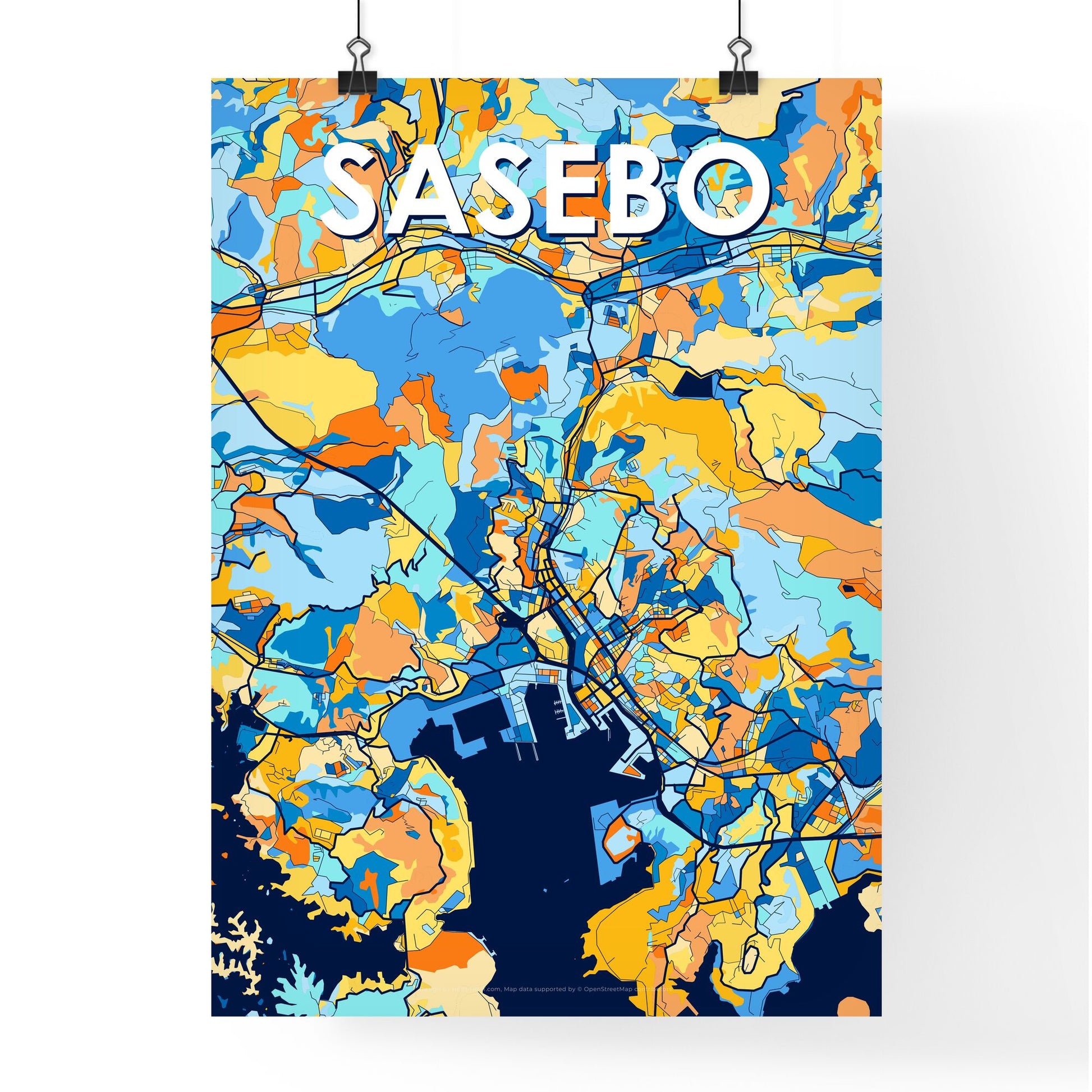 SASEBO JAPAN Vibrant Colorful Art Map Poster Blue Orange