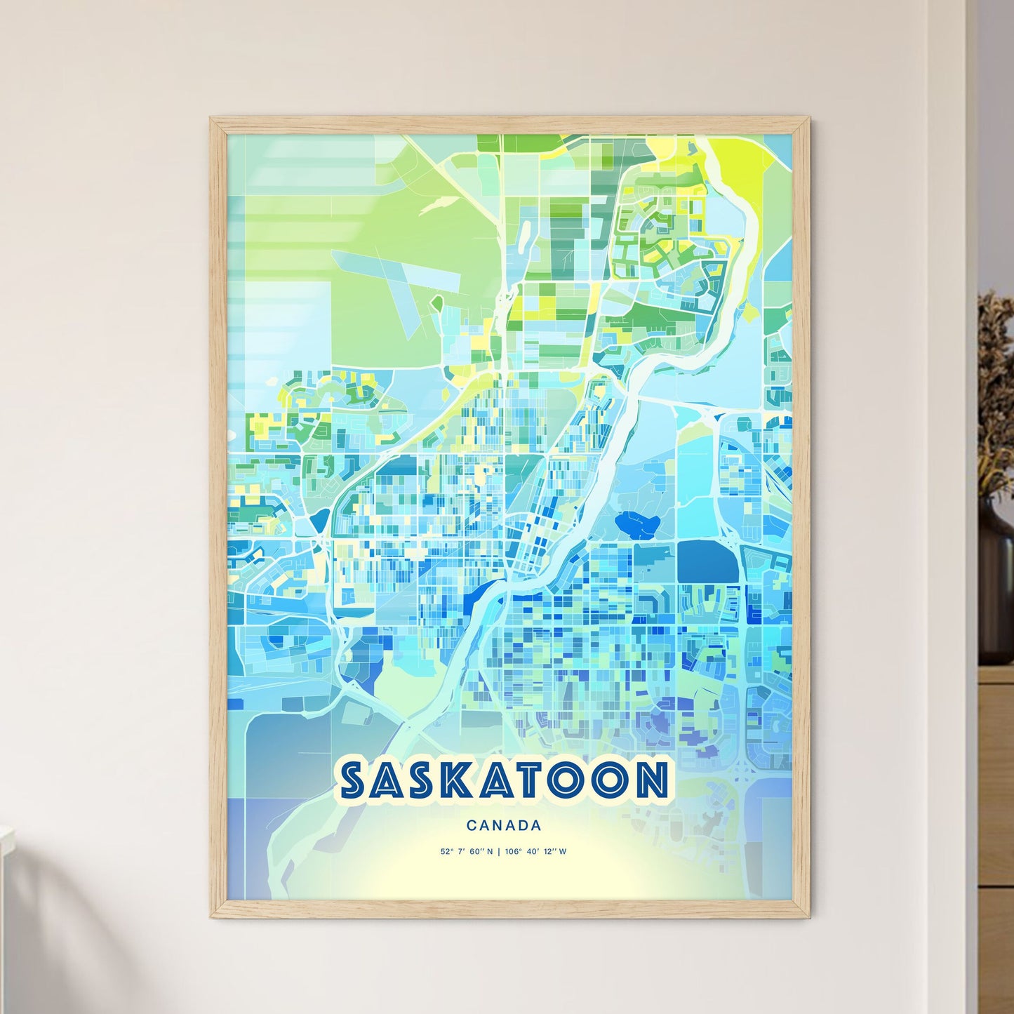 Colorful Saskatoon Canada Fine Art Map Cool Blue