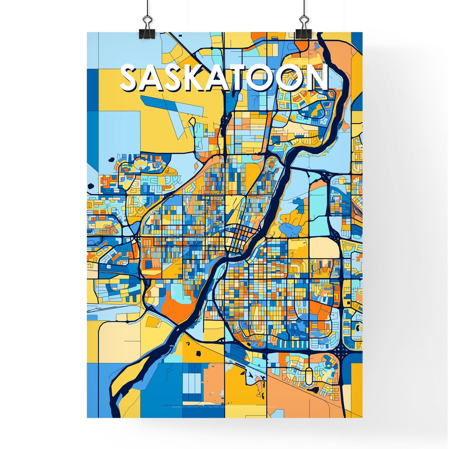 SASKATOON CANADA Vibrant Colorful Art Map Poster Blue Orange