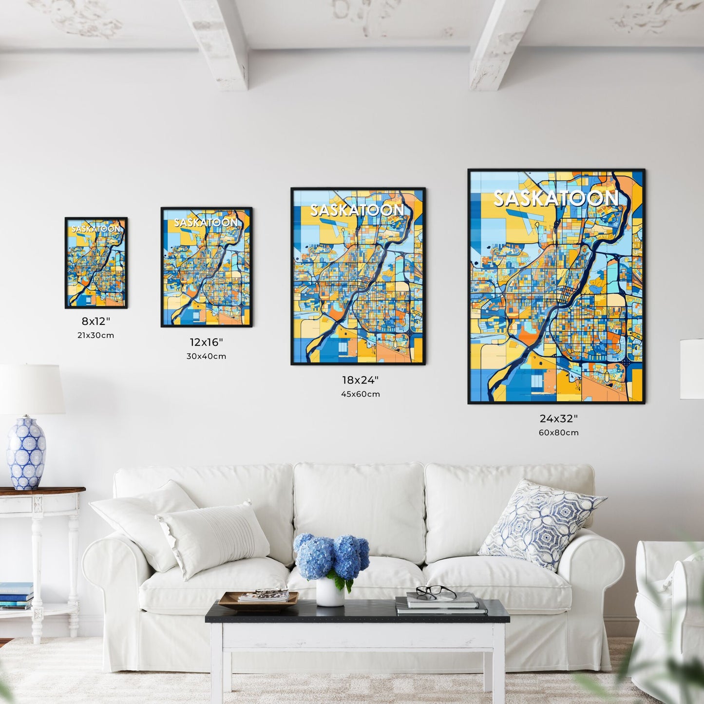 SASKATOON CANADA Vibrant Colorful Art Map Poster Blue Orange