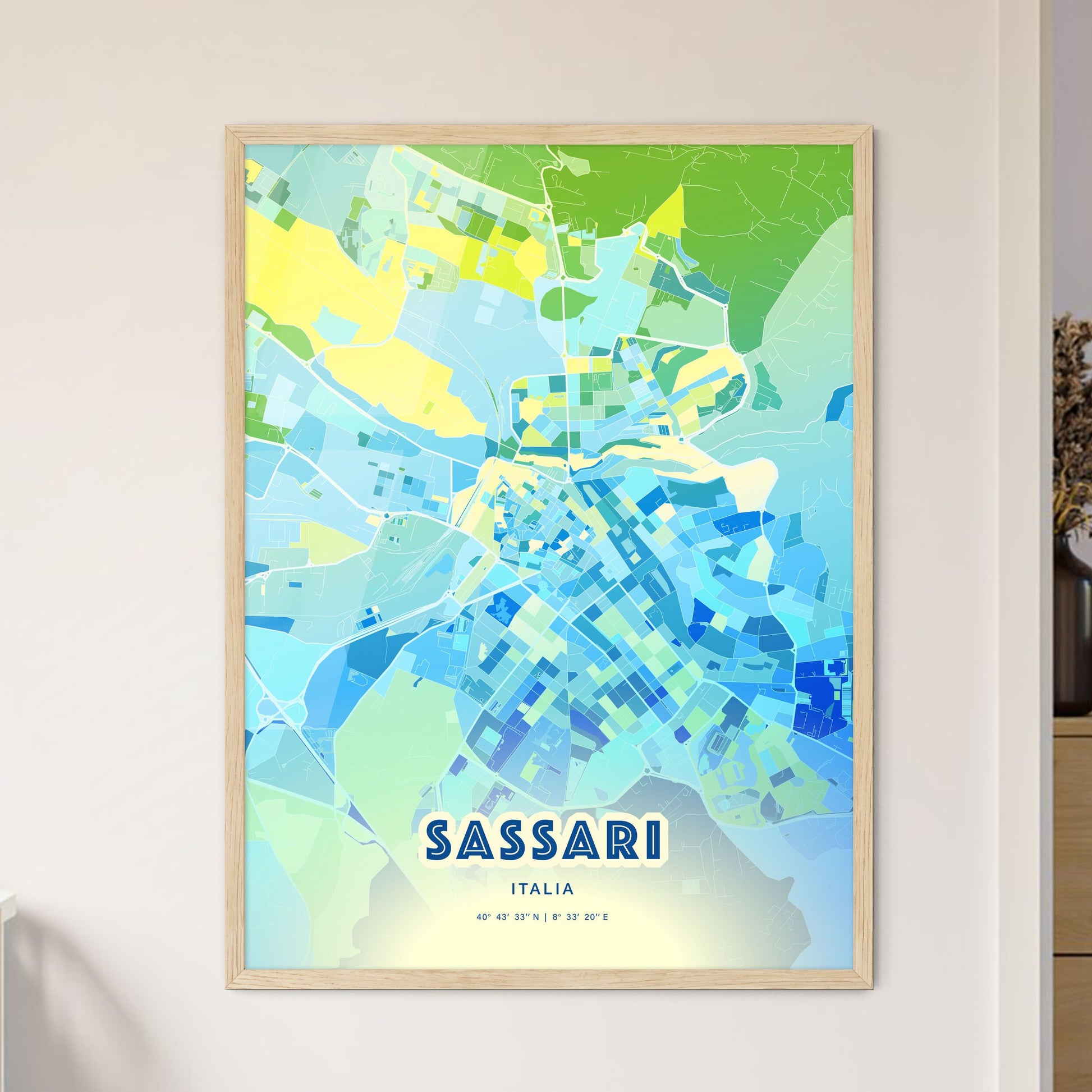 Colorful Sassari Italy Fine Art Map Cool Blue