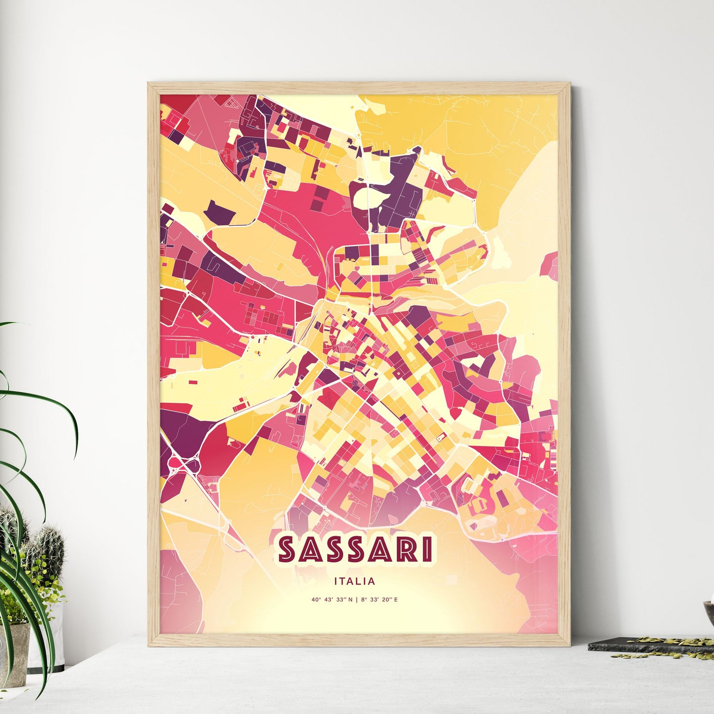 Colorful Sassari Italy Fine Art Map Hot Red