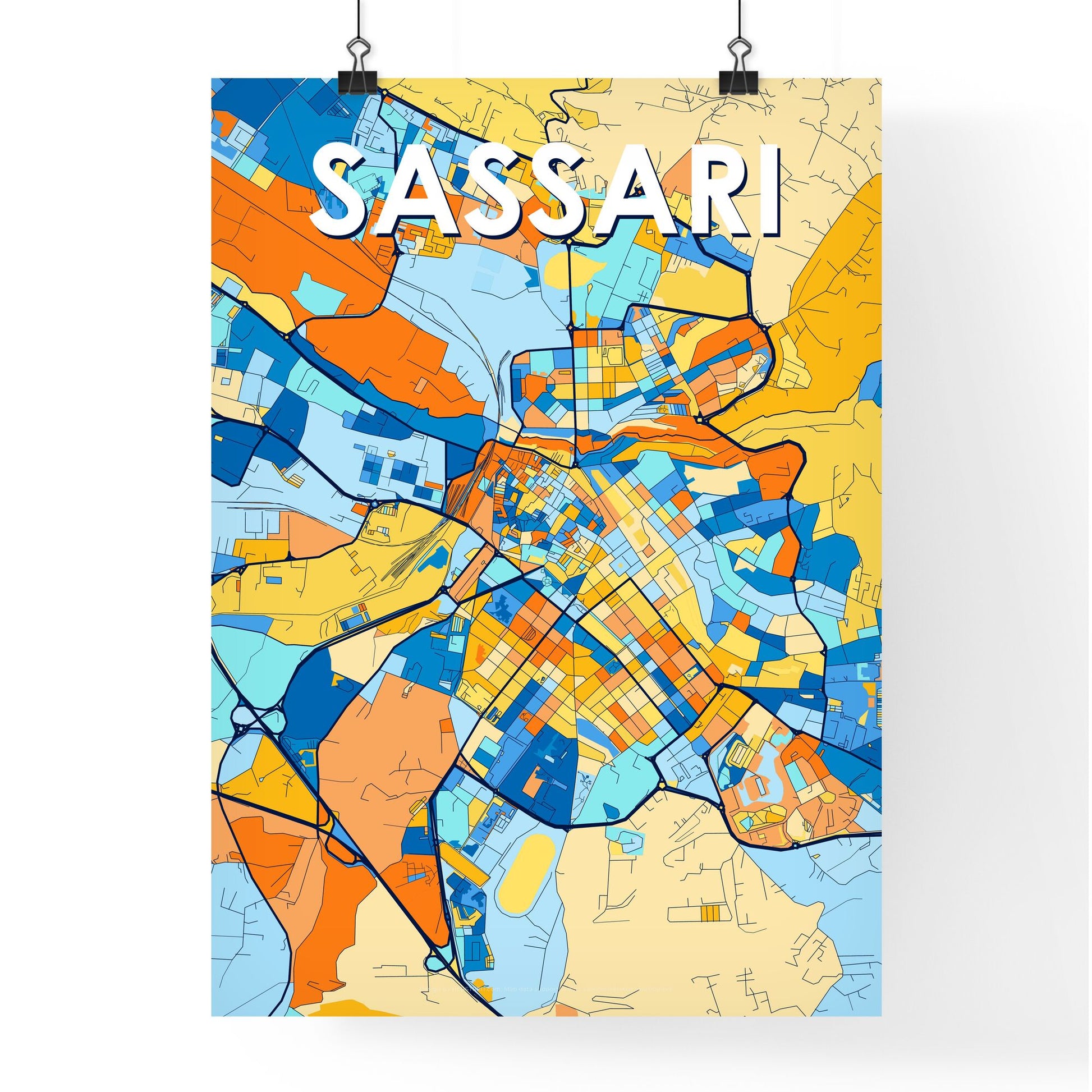 SASSARI ITALY Vibrant Colorful Art Map Poster Blue Orange