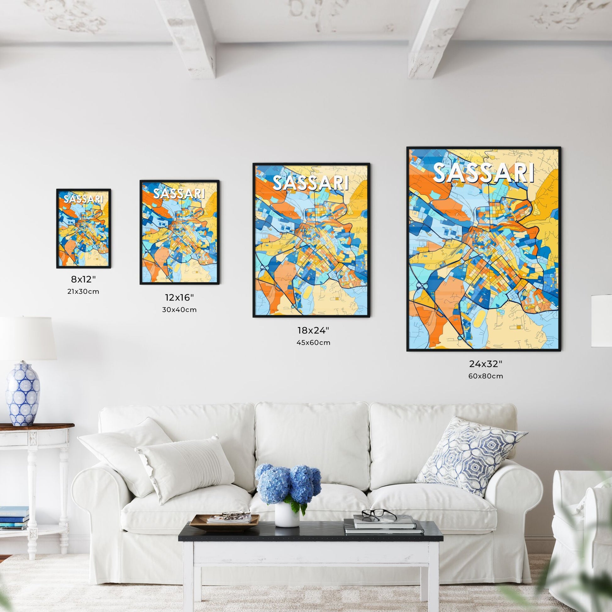 SASSARI ITALY Vibrant Colorful Art Map Poster Blue Orange