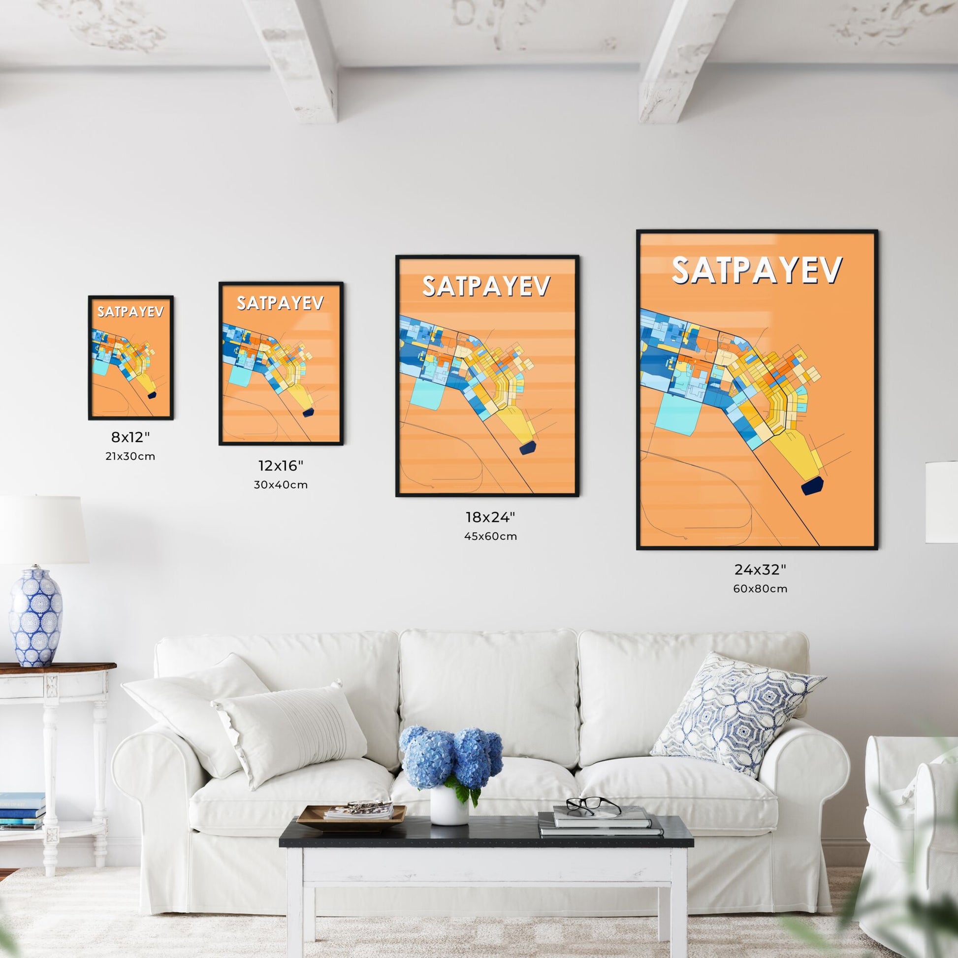 SATPAYEV KAZAKHSTAN Vibrant Colorful Art Map Poster Blue Orange