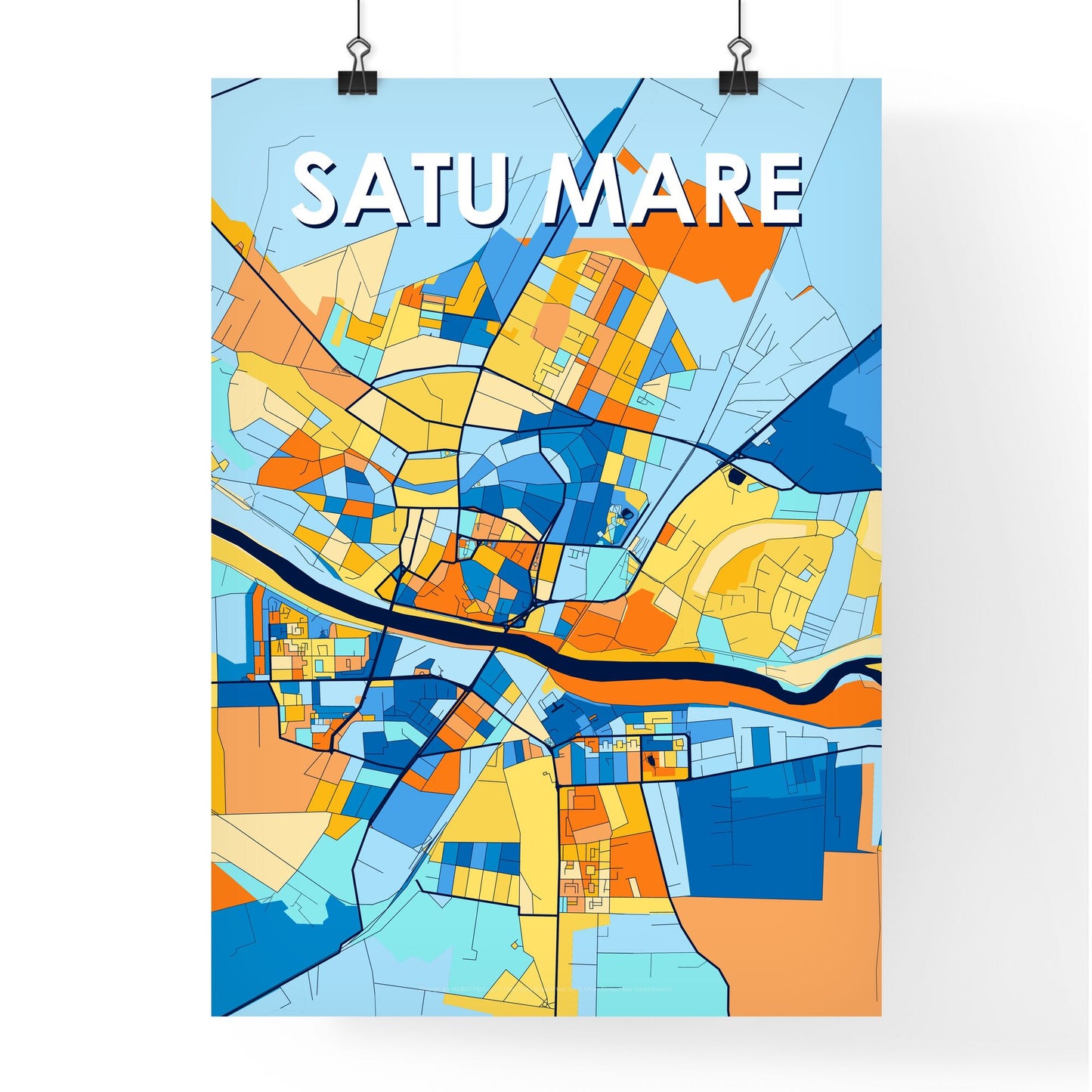 SATU MARE ROMANIA Vibrant Colorful Art Map Poster Blue Orange