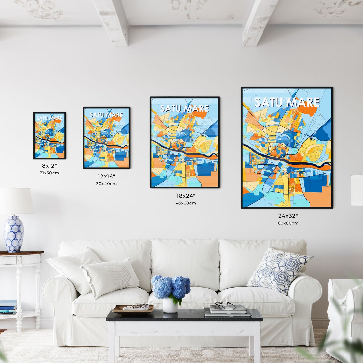 SATU MARE ROMANIA Vibrant Colorful Art Map Poster Blue Orange