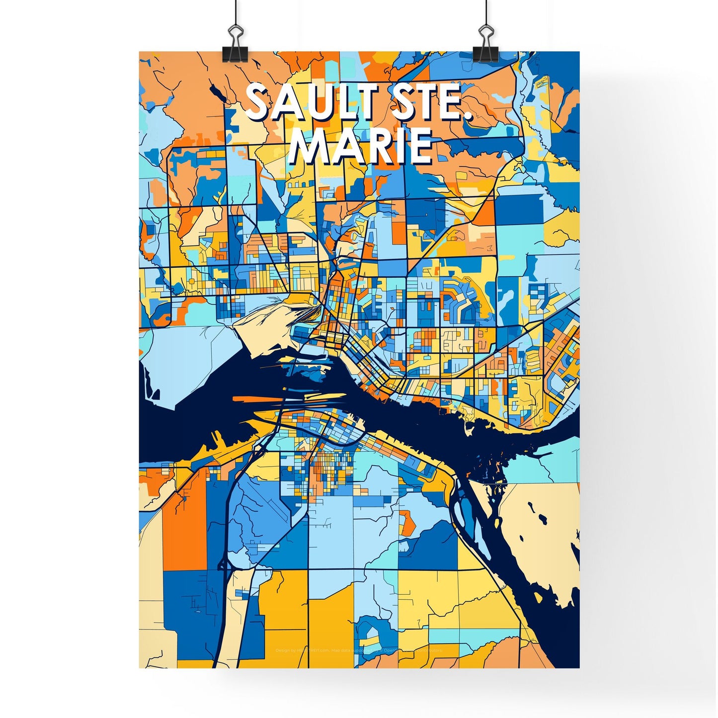 SAULT STE. MARIE CANADA Vibrant Colorful Art Map Poster Blue Orange