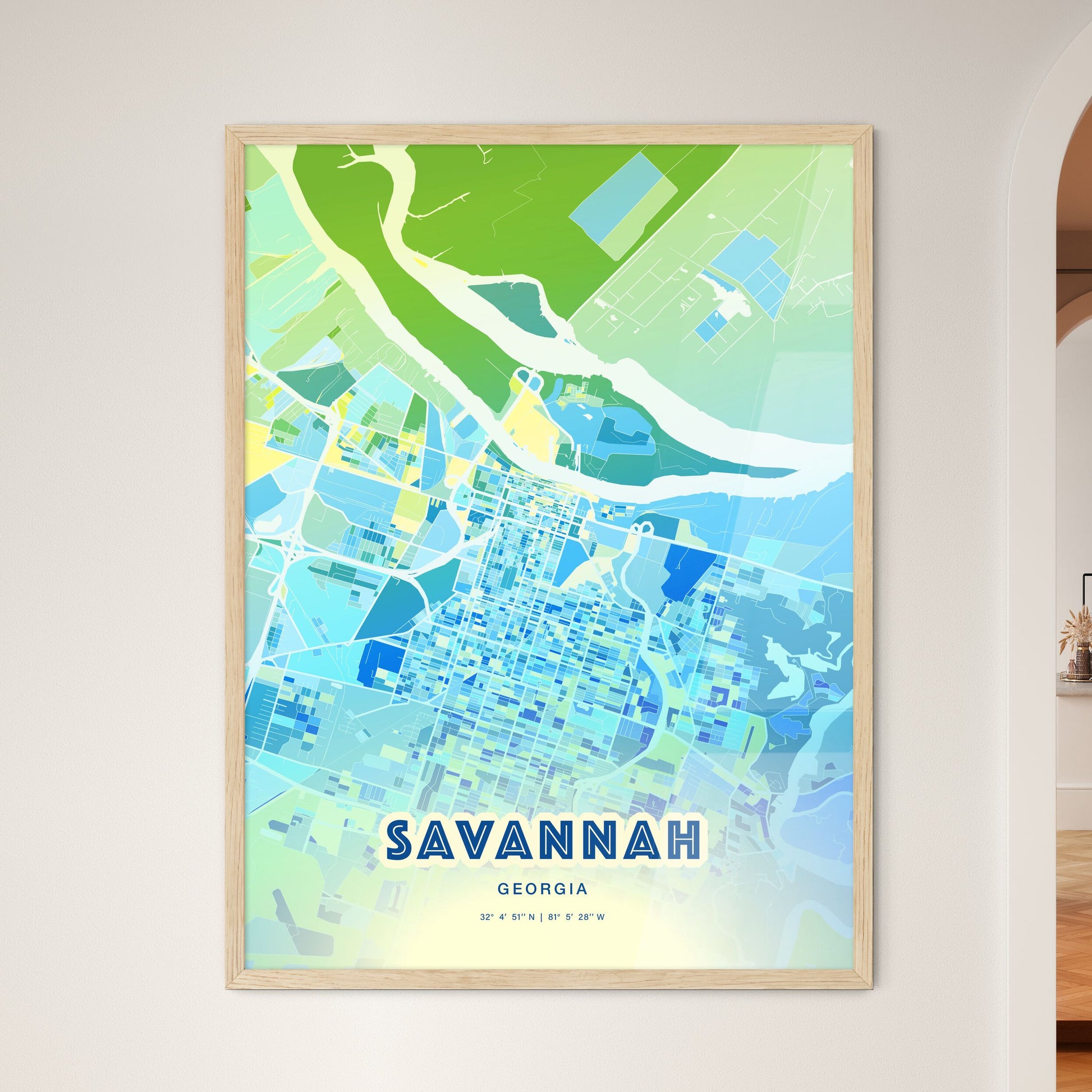 Colorful Savannah Georgia Fine Art Map Cool Blue