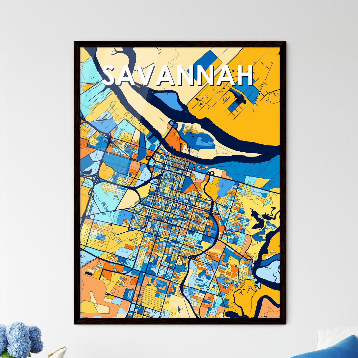 SAVANNAH GEORGIA Vibrant Colorful Art Map Poster Blue Orange