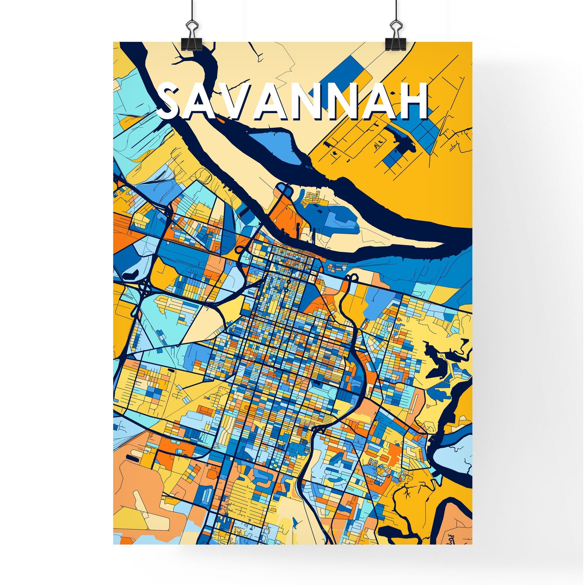 SAVANNAH GEORGIA Vibrant Colorful Art Map Poster Blue Orange