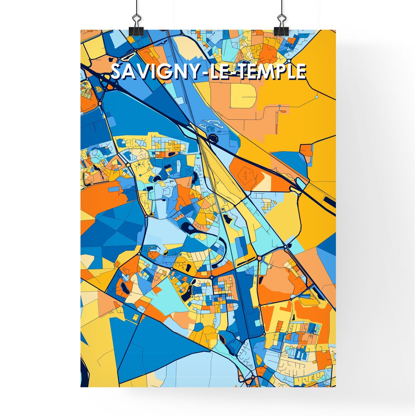 SAVIGNY-LE-TEMPLE FRANCE Vibrant Colorful Art Map Poster Blue Orange