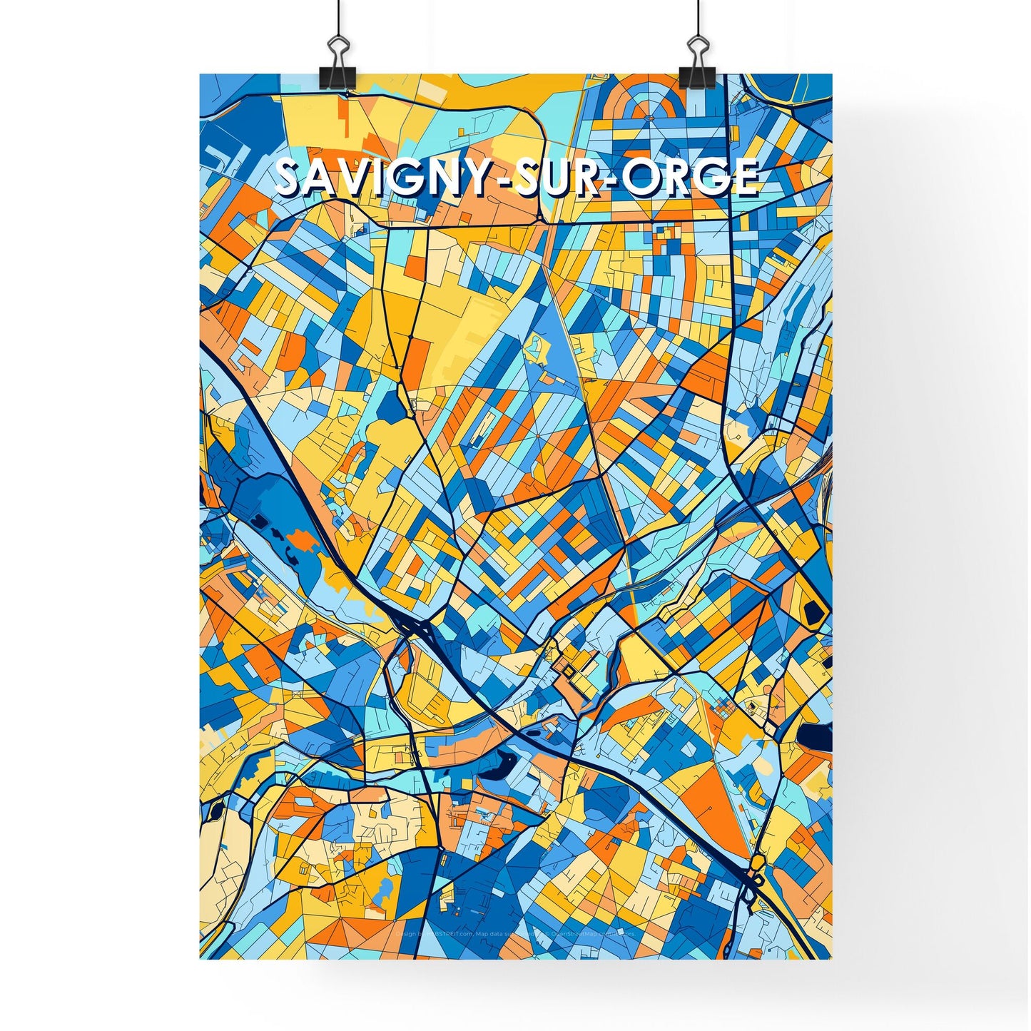 SAVIGNY-SUR-ORGE FRANCE Vibrant Colorful Art Map Poster Blue Orange