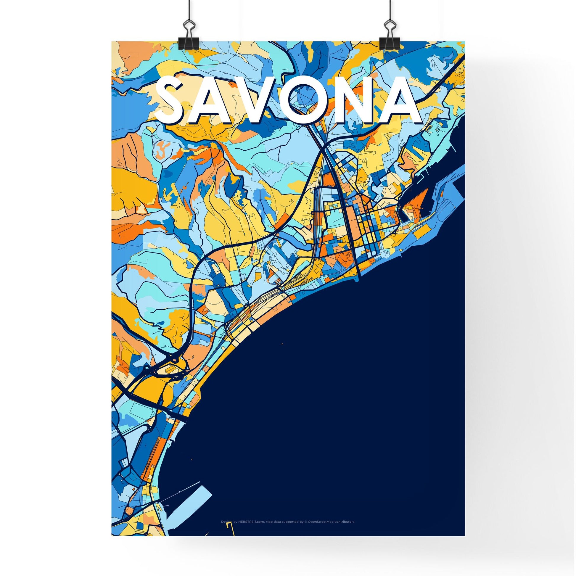 SAVONA ITALY Vibrant Colorful Art Map Poster Blue Orange