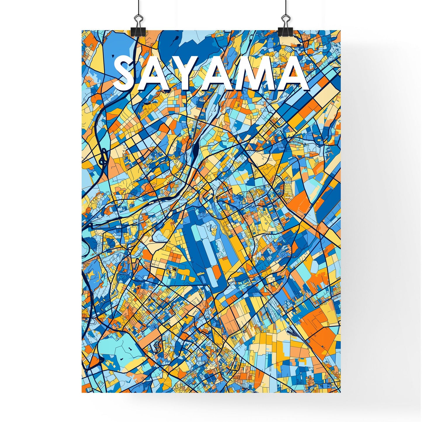 SAYAMA JAPAN Vibrant Colorful Art Map Poster Blue Orange