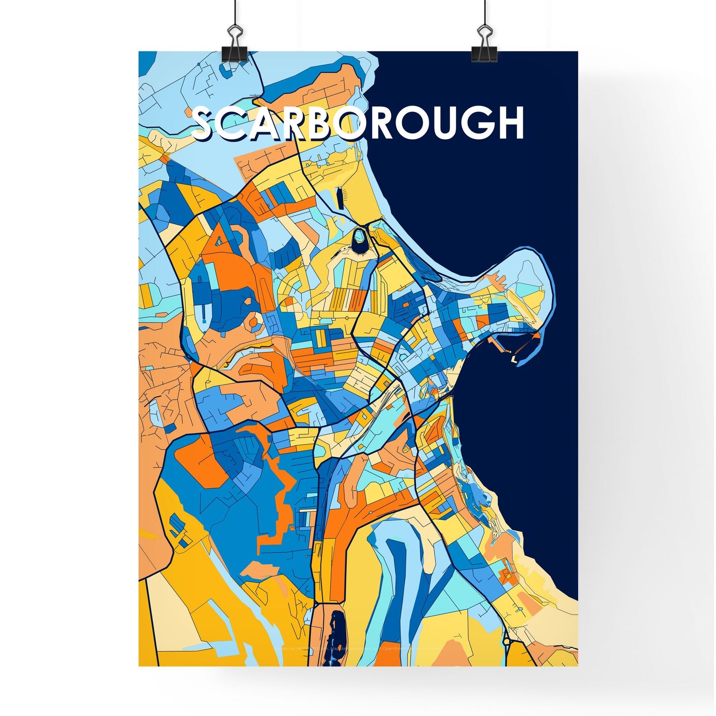 SCARBOROUGH ENGLAND Vibrant Colorful Art Map Poster Blue Orange