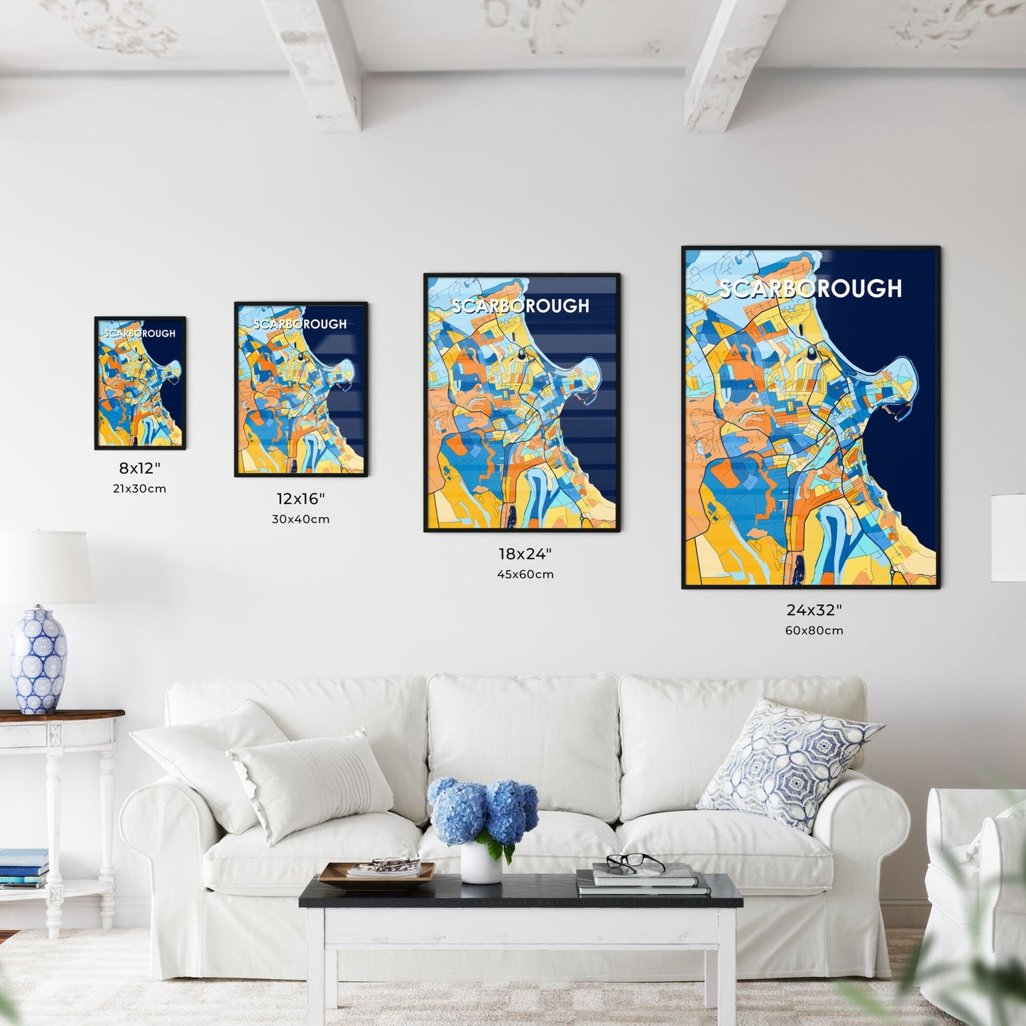 SCARBOROUGH ENGLAND Vibrant Colorful Art Map Poster Blue Orange