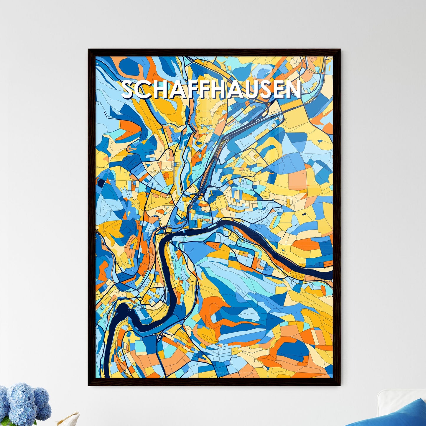 SCHAFFHAUSEN SWITZERLAND Vibrant Colorful Art Map Poster Blue Orange