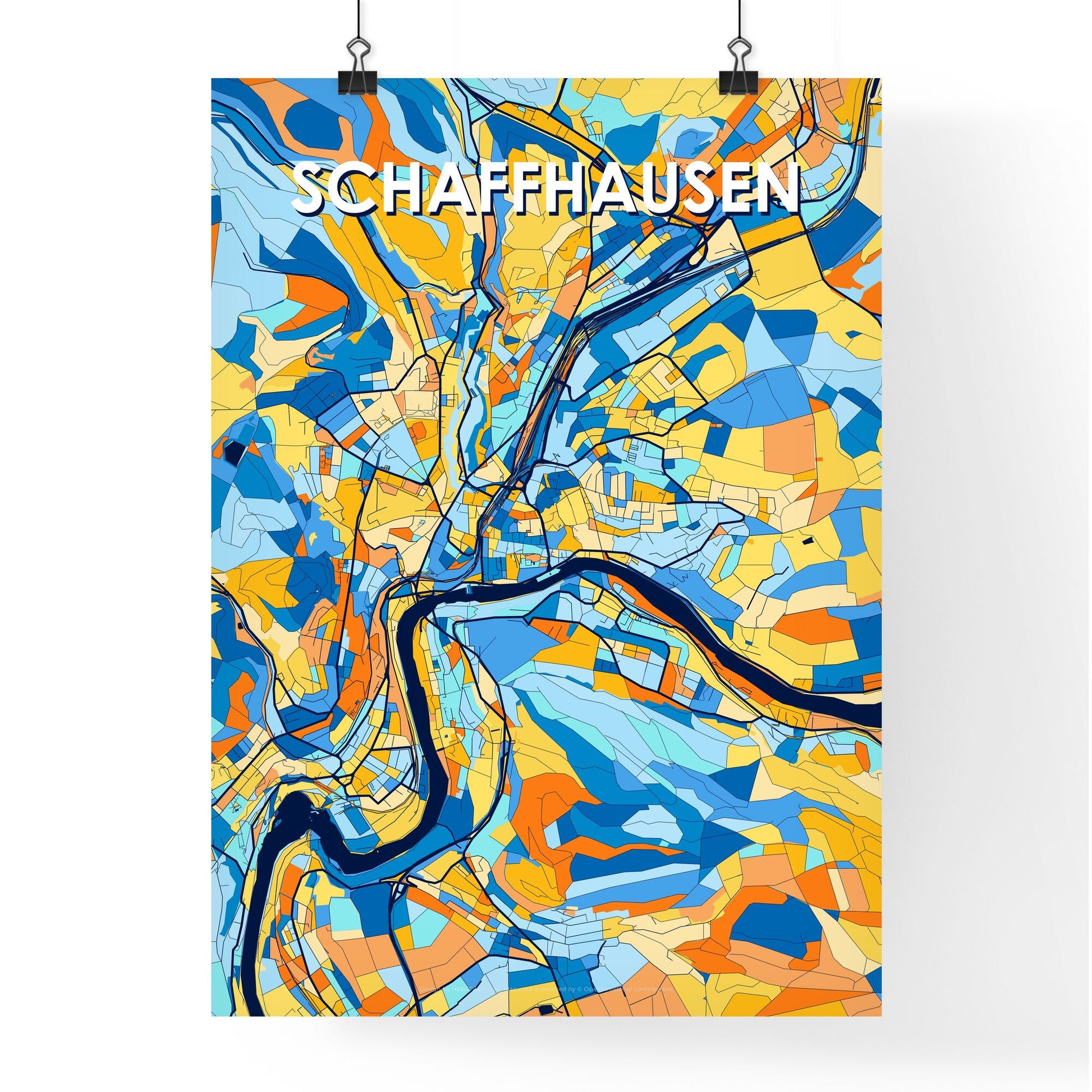 SCHAFFHAUSEN SWITZERLAND Vibrant Colorful Art Map Poster Blue Orange