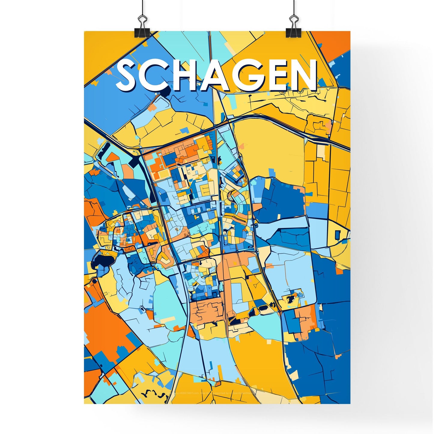 SCHAGEN NETHERLANDS Vibrant Colorful Art Map Poster Blue Orange