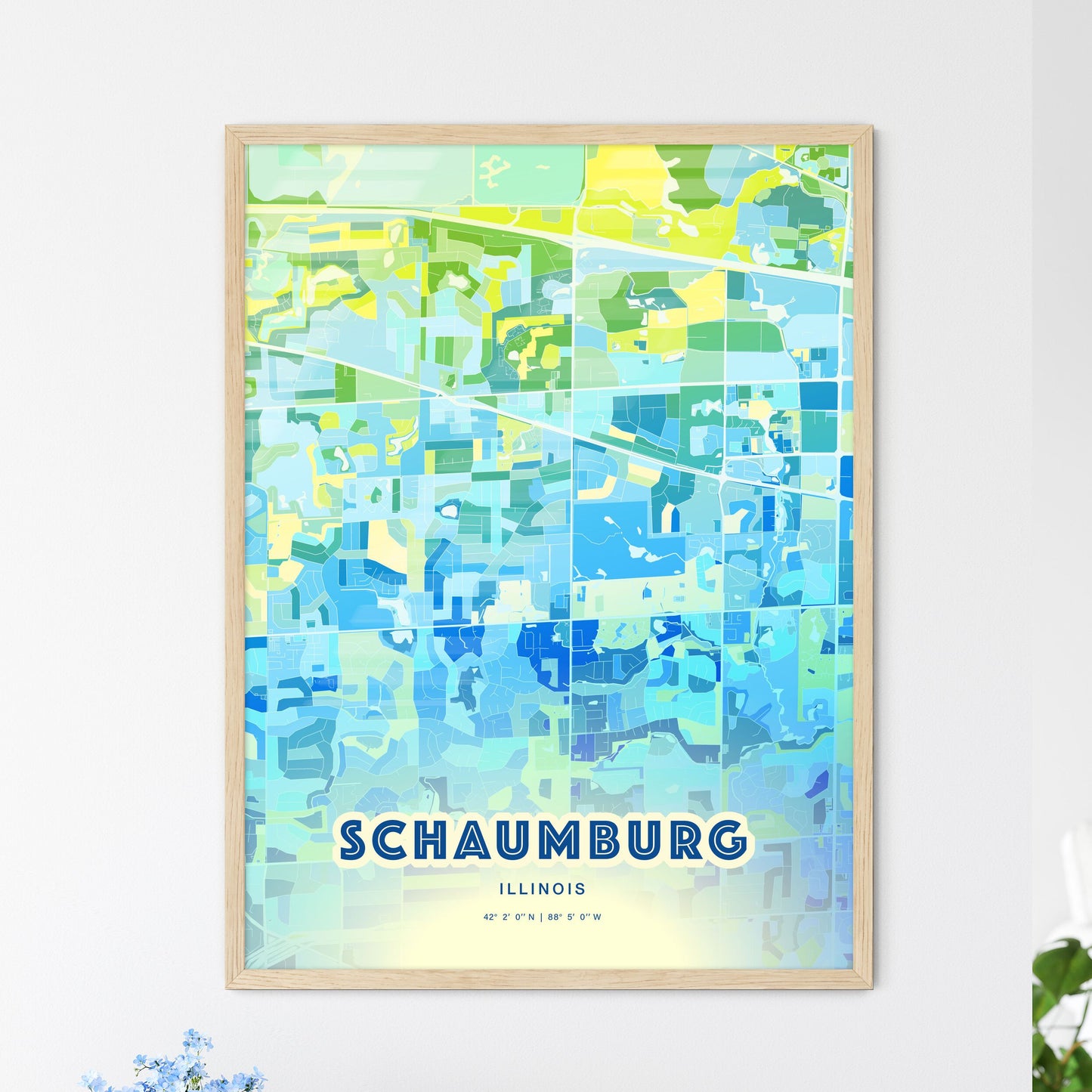 Colorful Schaumburg Illinois Fine Art Map Cool Blue