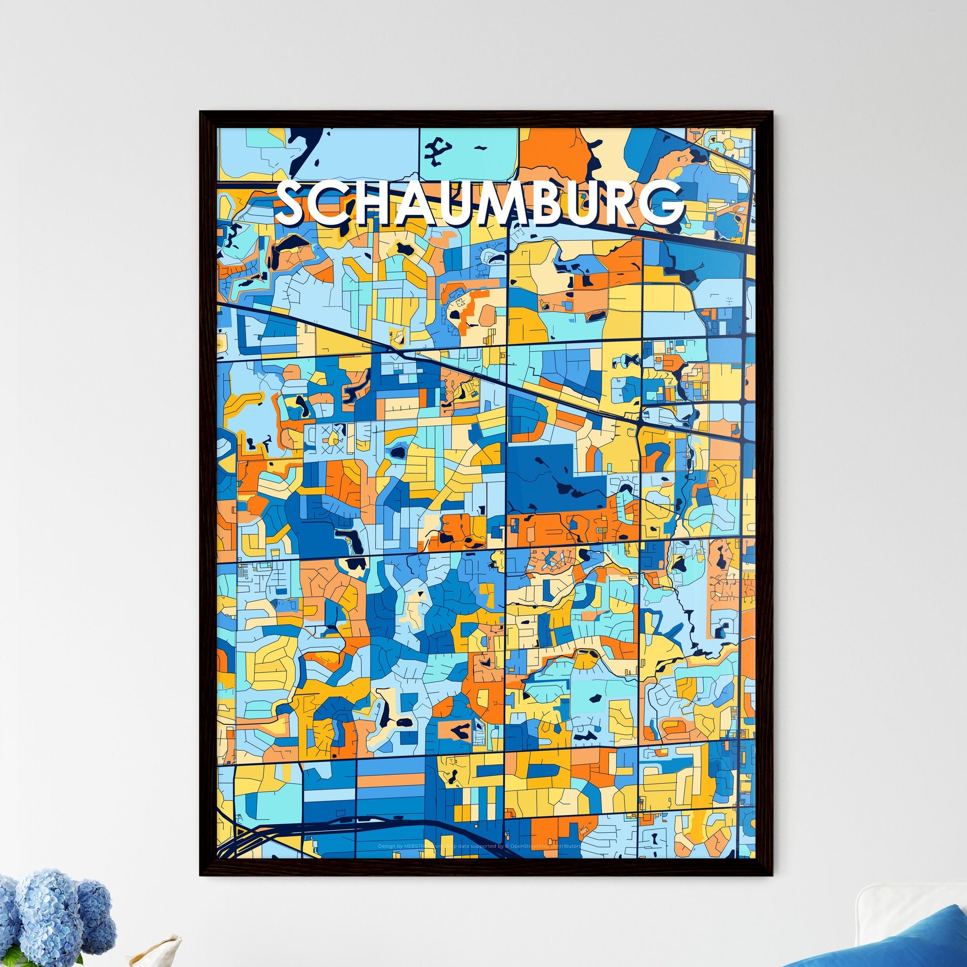 SCHAUMBURG ILLINOIS Vibrant Colorful Art Map Poster Blue Orange