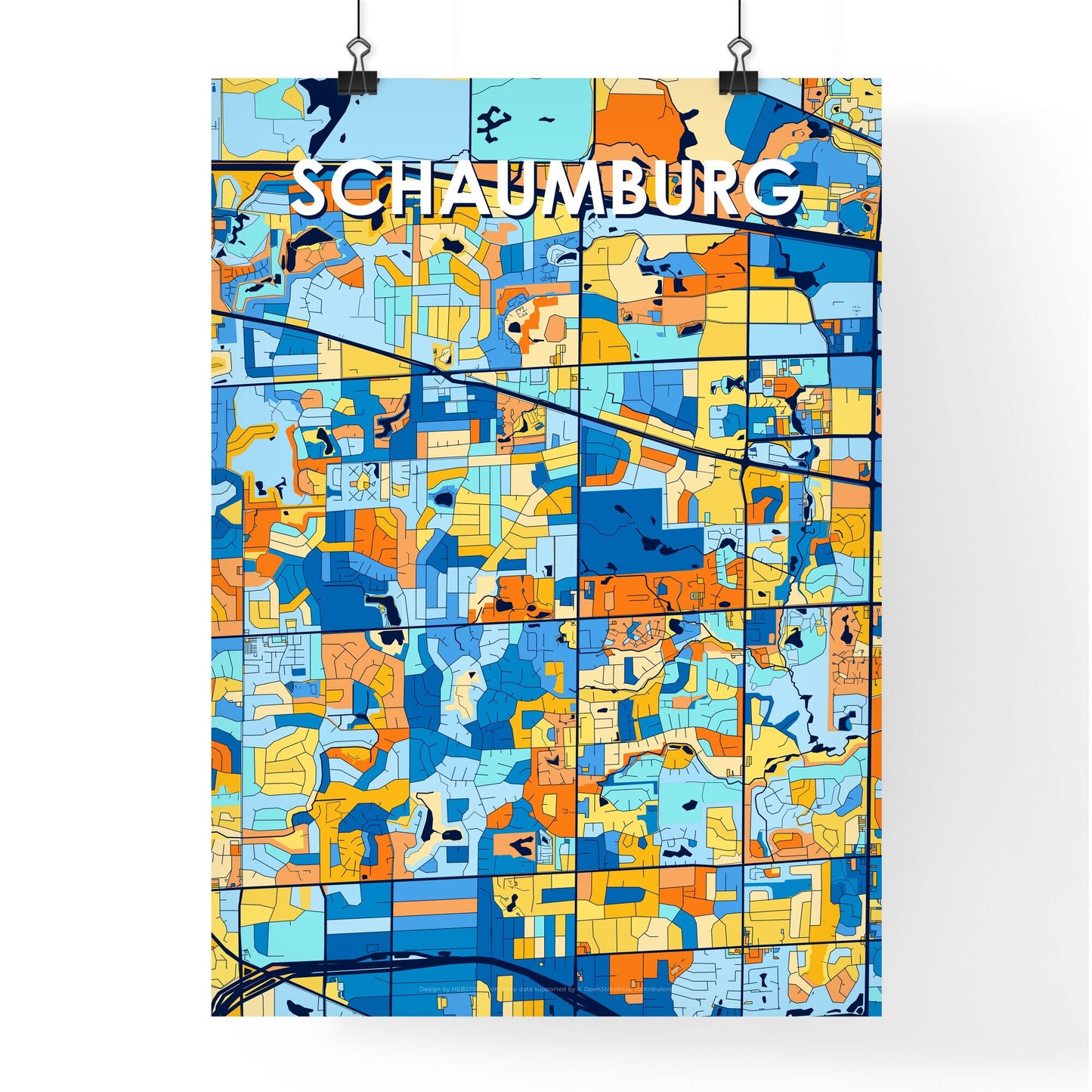 SCHAUMBURG ILLINOIS Vibrant Colorful Art Map Poster Blue Orange