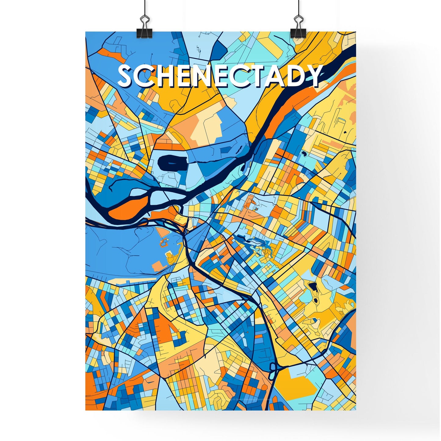 SCHENECTADY NEW YORK Vibrant Colorful Art Map Poster Blue Orange