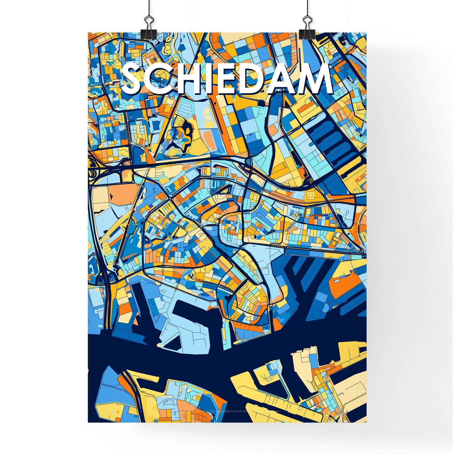 SCHIEDAM NETHERLANDS Vibrant Colorful Art Map Poster Blue Orange