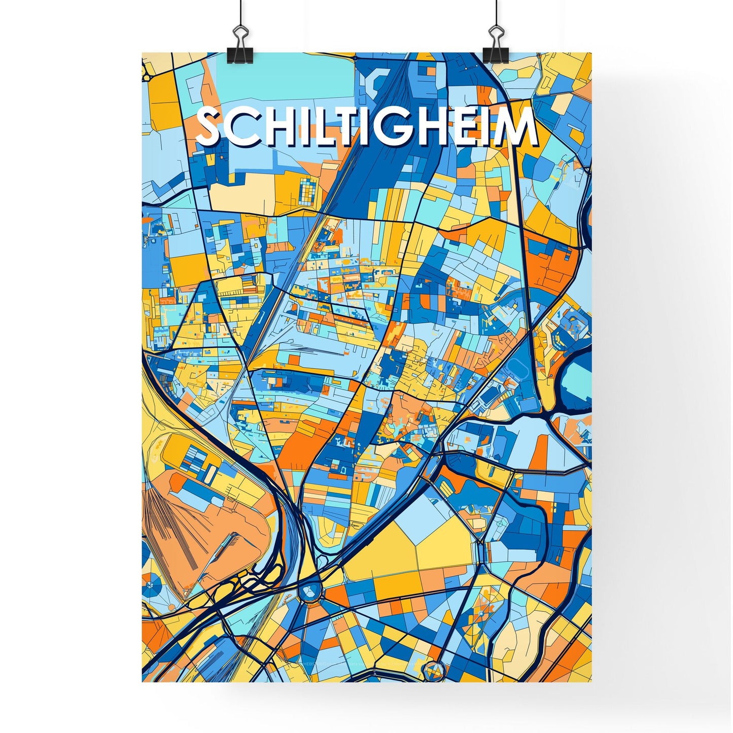 SCHILTIGHEIM FRANCE Vibrant Colorful Art Map Poster Blue Orange