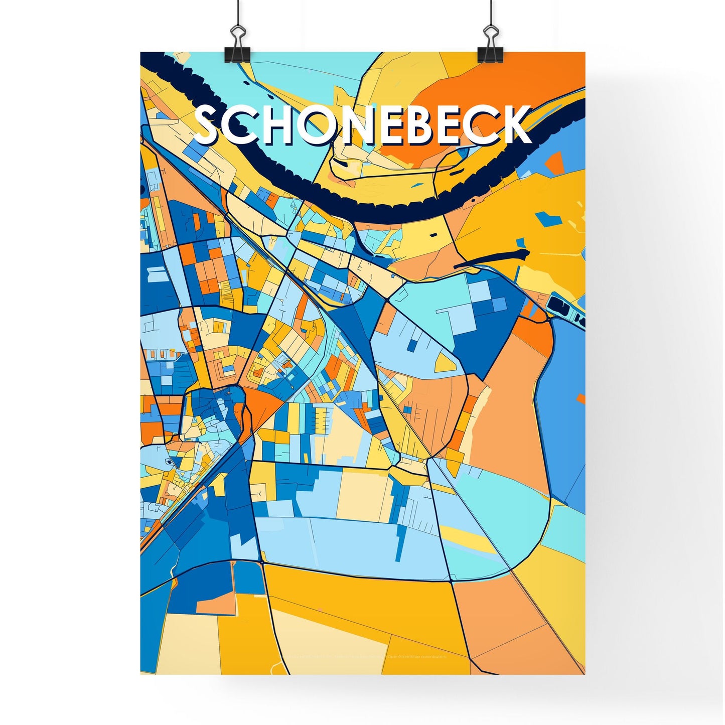 SCHONEBECK GERMANY Vibrant Colorful Art Map Poster Blue Orange