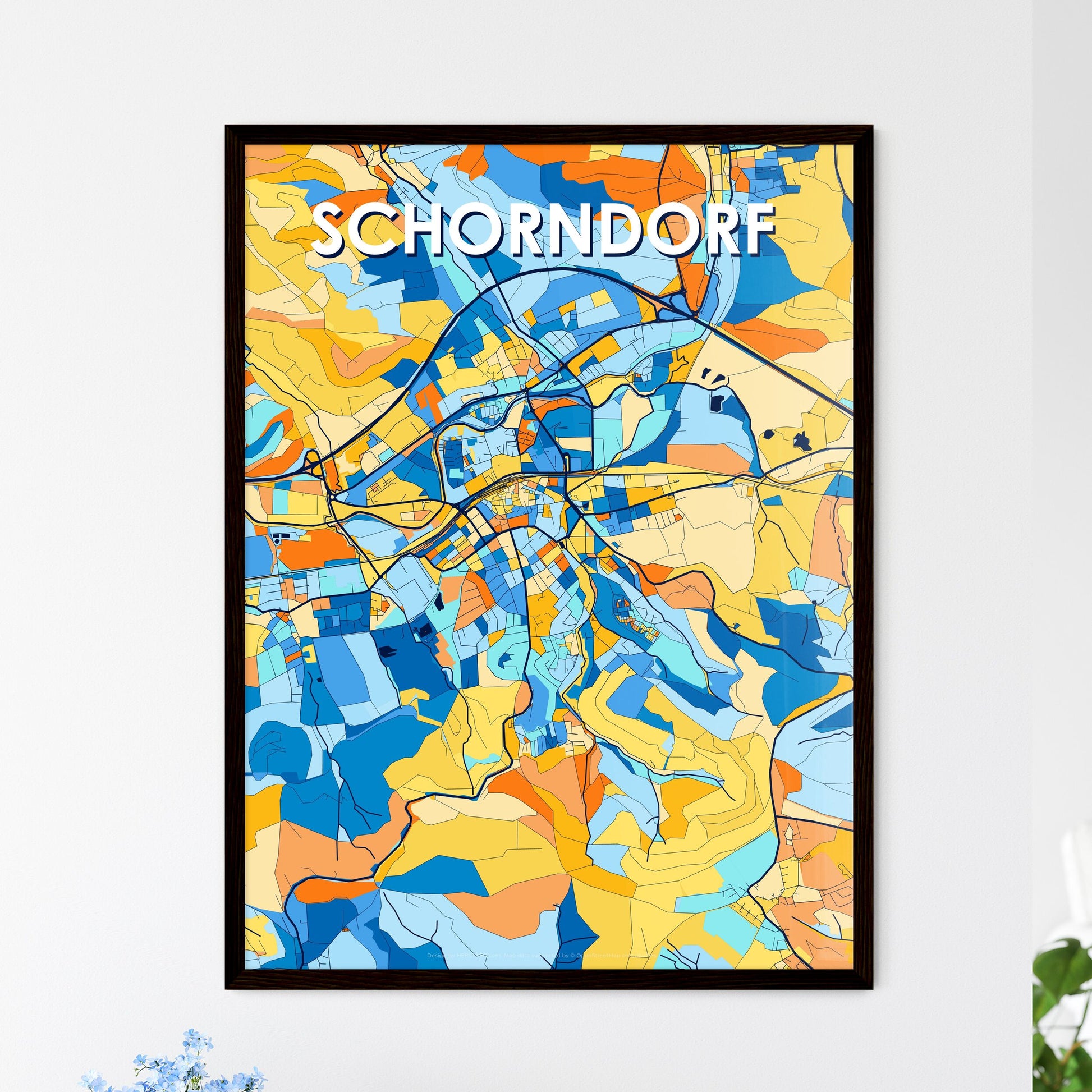 SCHORNDORF GERMANY Vibrant Colorful Art Map Poster Blue Orange
