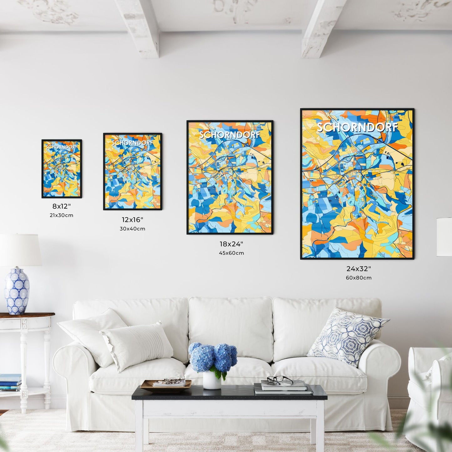 SCHORNDORF GERMANY Vibrant Colorful Art Map Poster Blue Orange