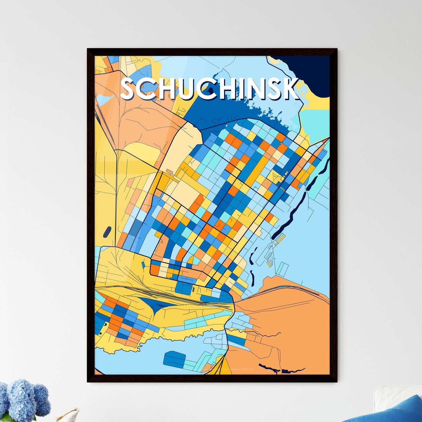 SCHUCHINSK KAZAKHSTAN Vibrant Colorful Art Map Poster Blue Orange