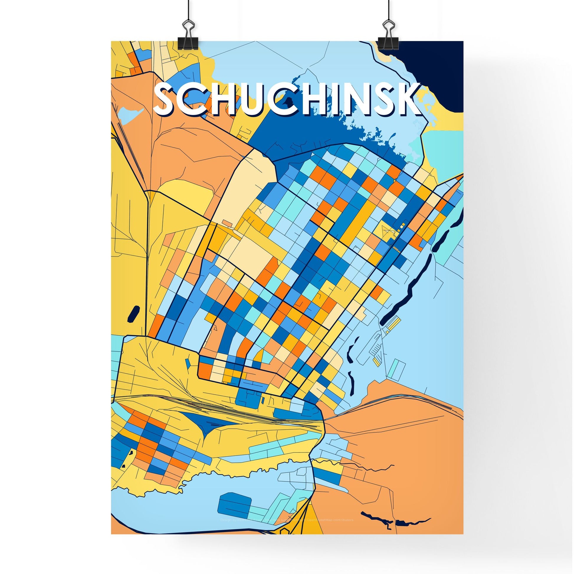 SCHUCHINSK KAZAKHSTAN Vibrant Colorful Art Map Poster Blue Orange